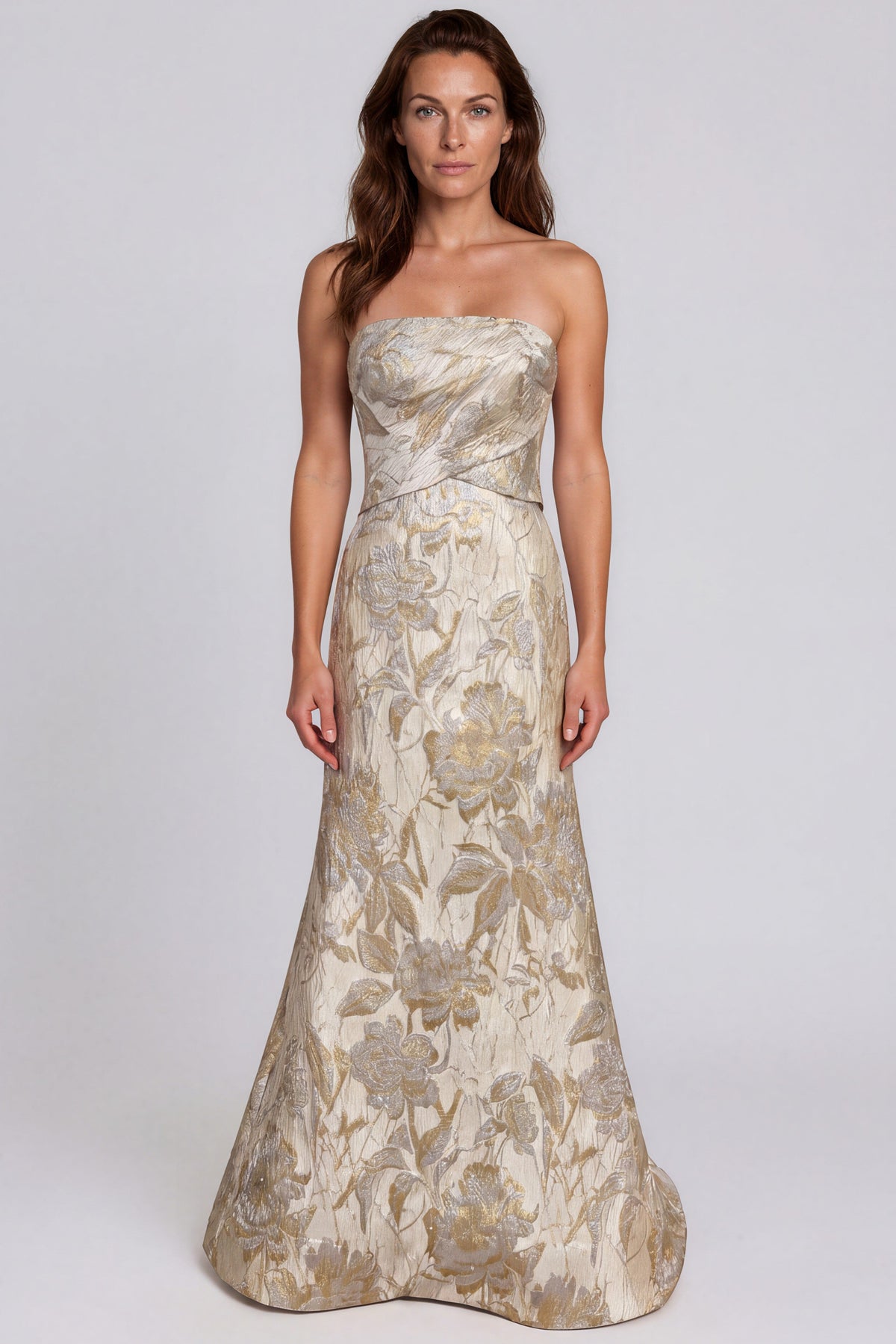 Strapless Metallic Brocade Fit and Flare Gown Gown Rene Ruiz Collection