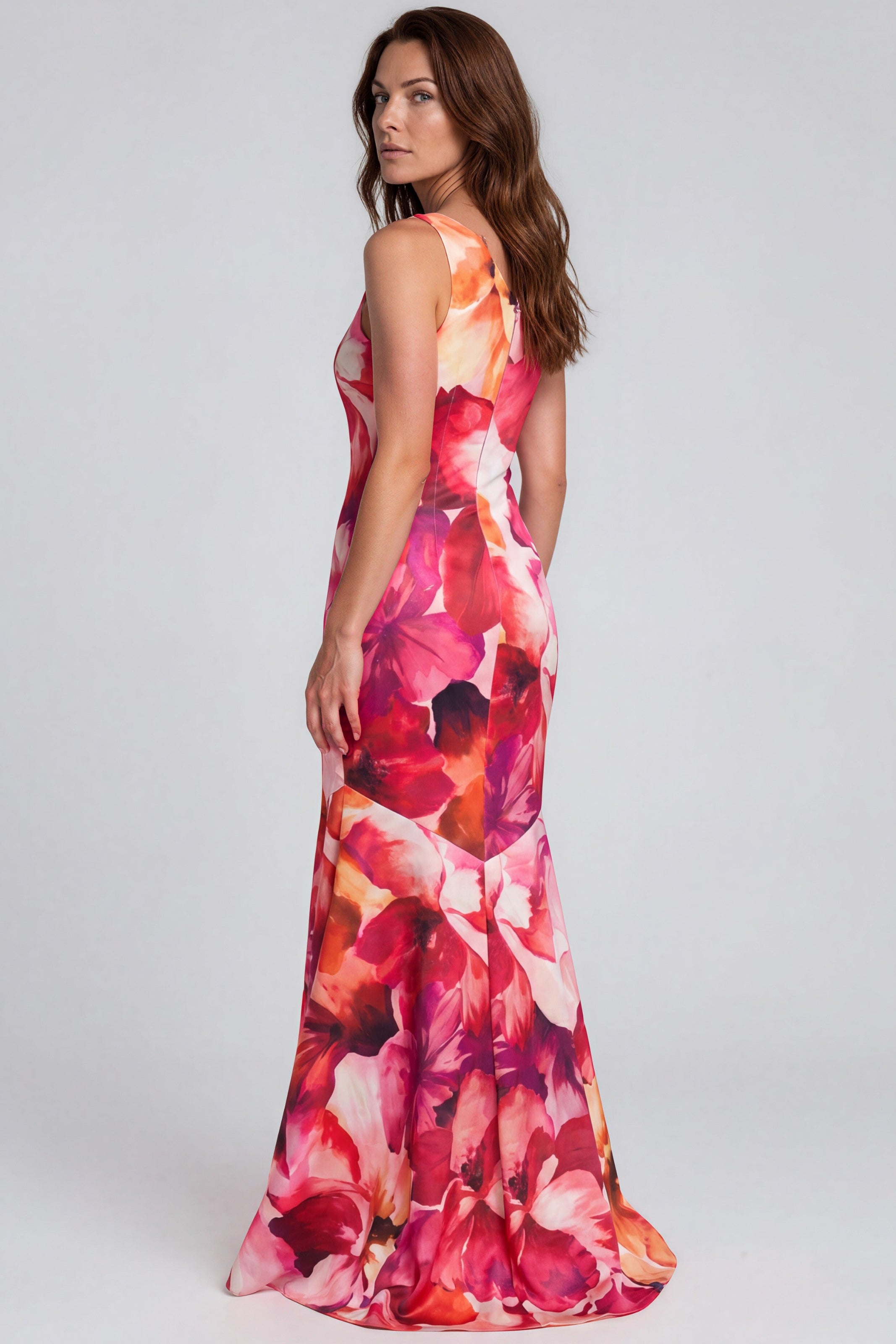 One Shoulder Floral Scuba Gown Gown Rene Ruiz Collection