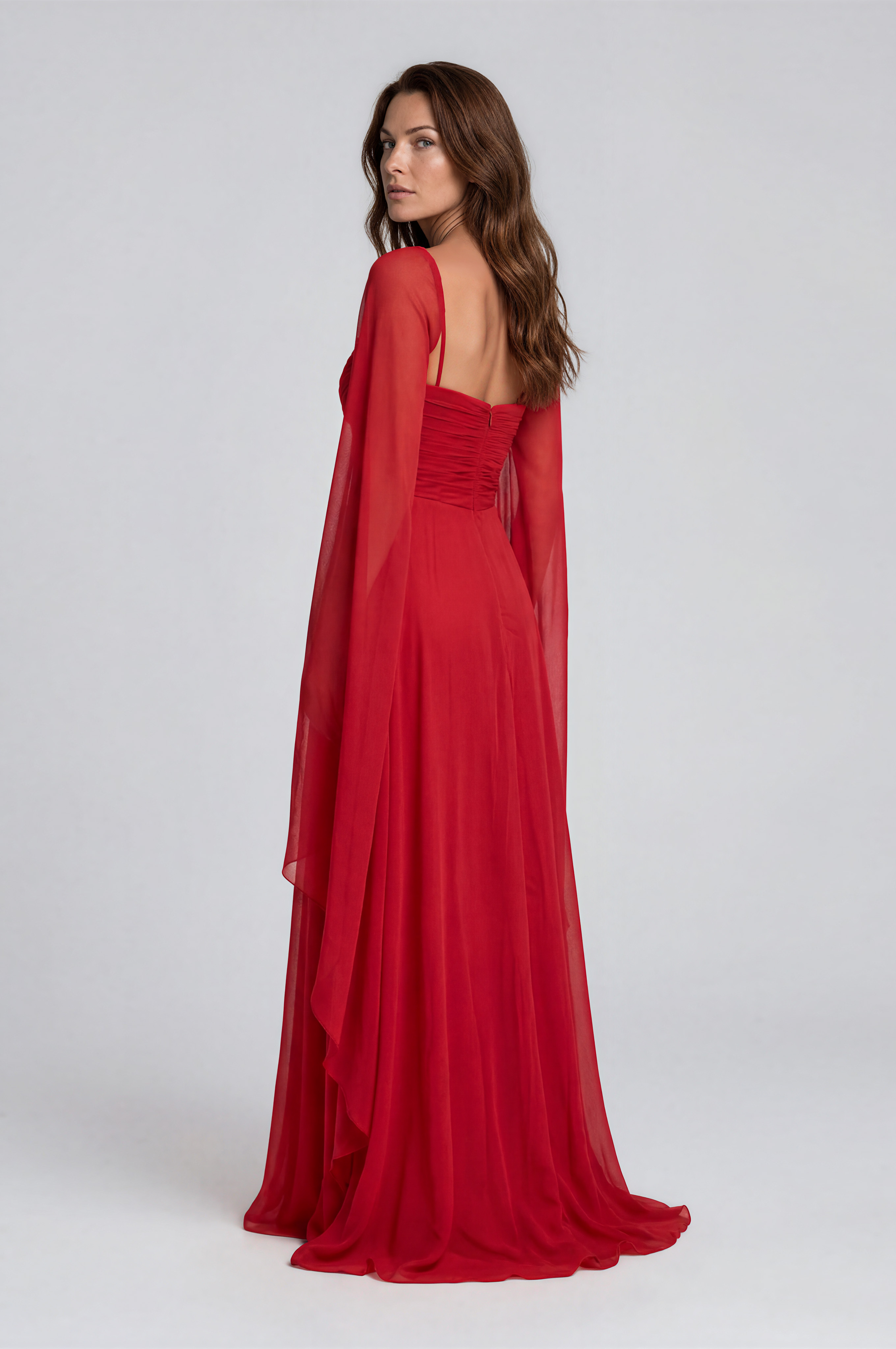 Cape Sleeves Sweetheart Chiffon A-Line Gown Gown Rene Ruiz Collection