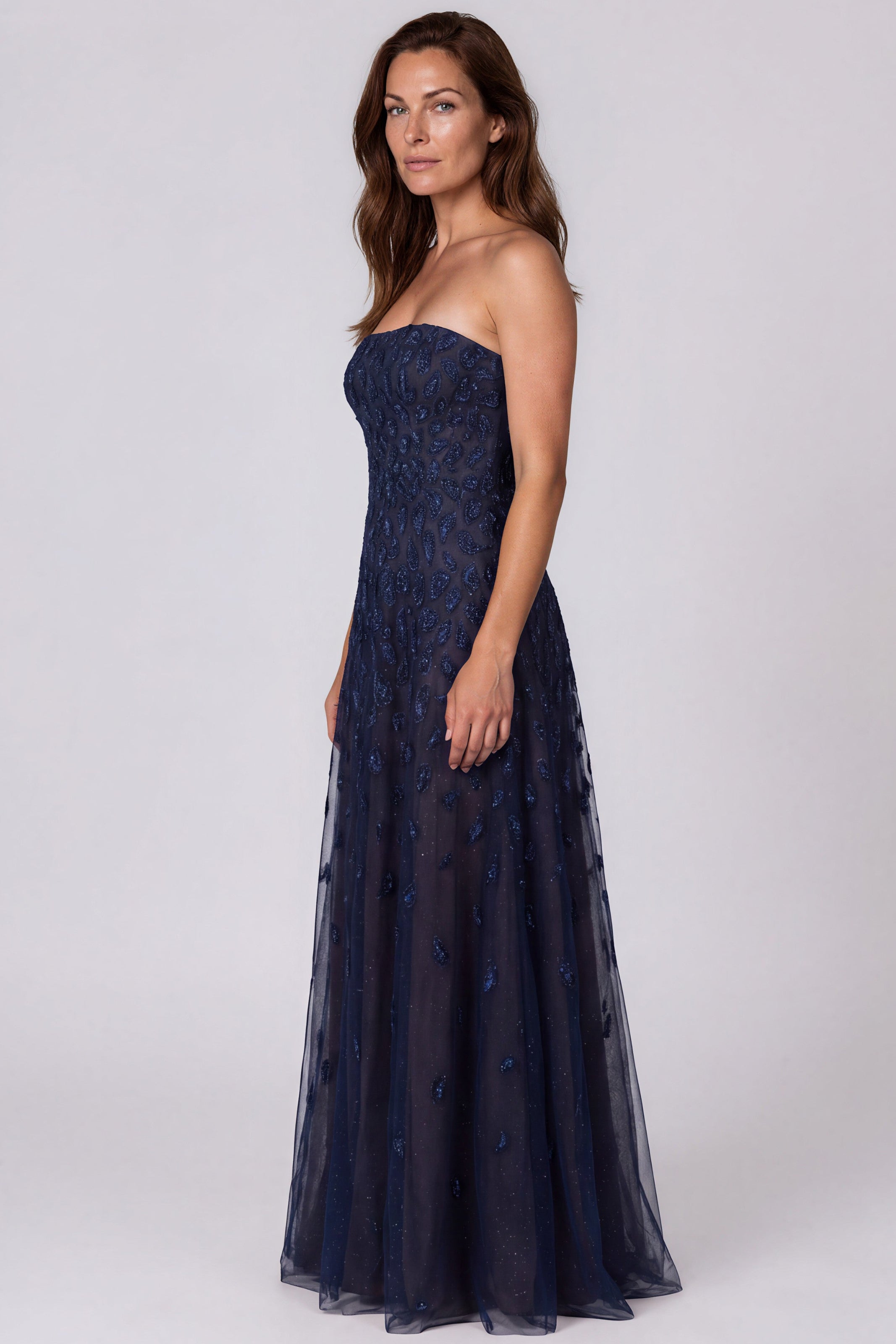 Metallic Embroidered Strapless Gown Gown Rene Ruiz Collection