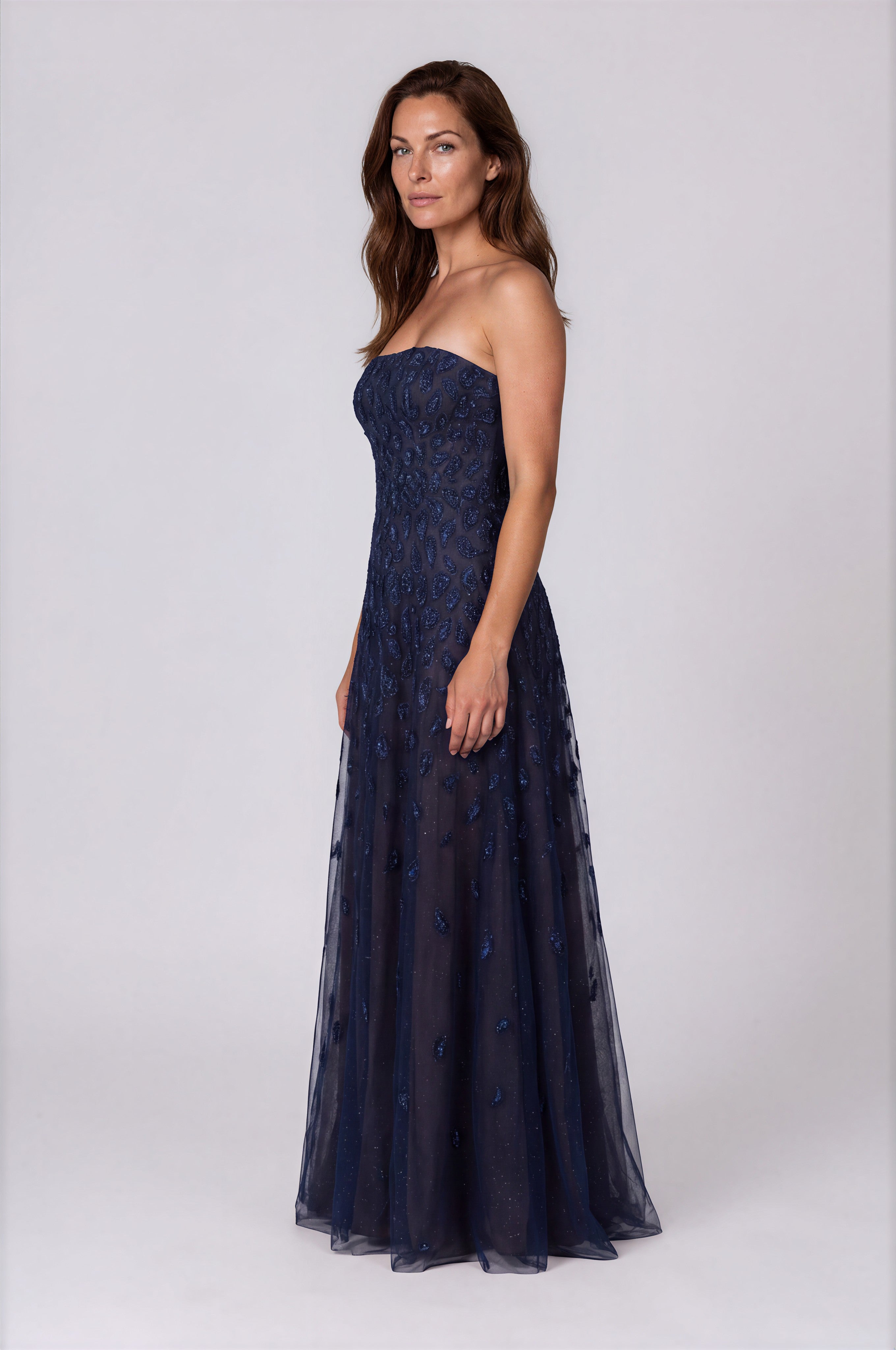 Metallic Embroidered Strapless Gown Gown Rene Ruiz Collection