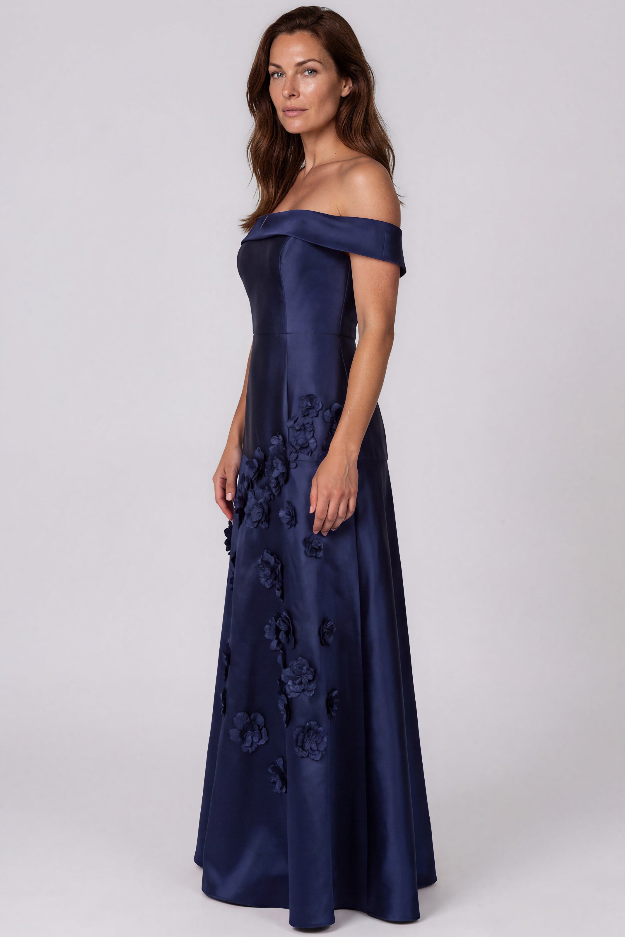 Off The Shoulder Floral Appliqués Mikado A-Line Gown