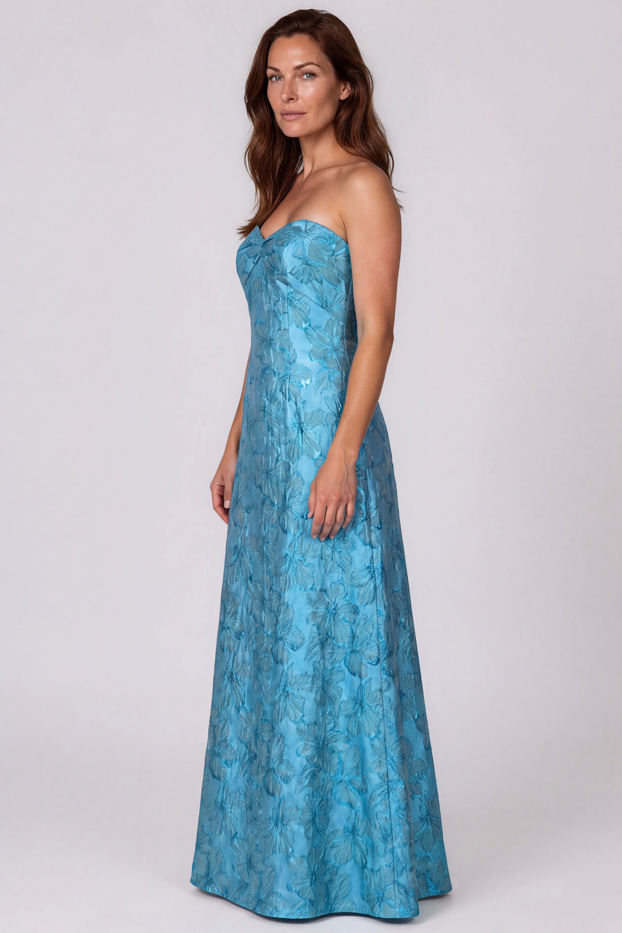 Strapless Sweetheart Floral Jacquard Fit and Flare Gown Gown Rene Ruiz Collection