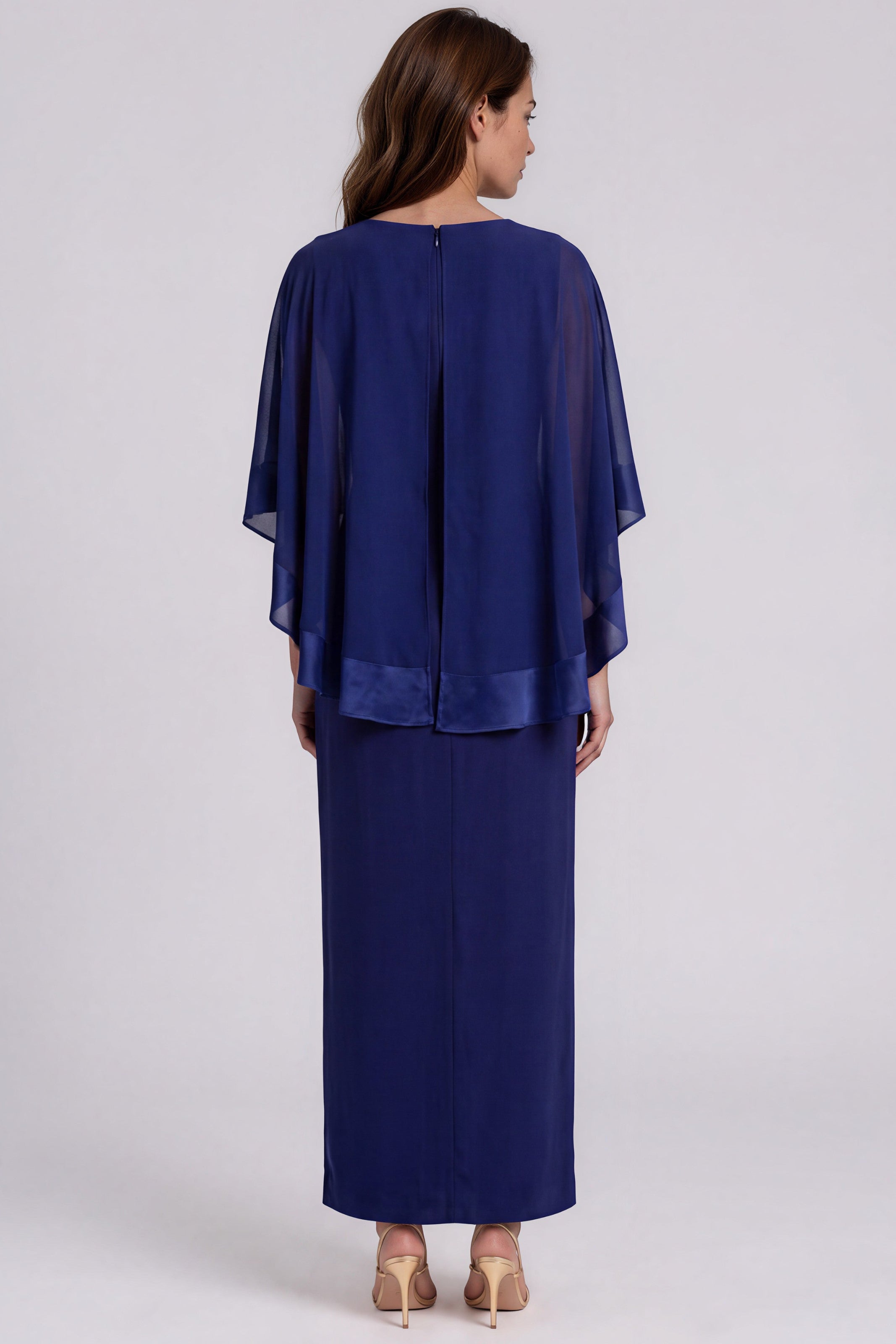 Bateau Neck Column Gown with Chiffon Cape Overlay Gown Rene Ruiz Collection