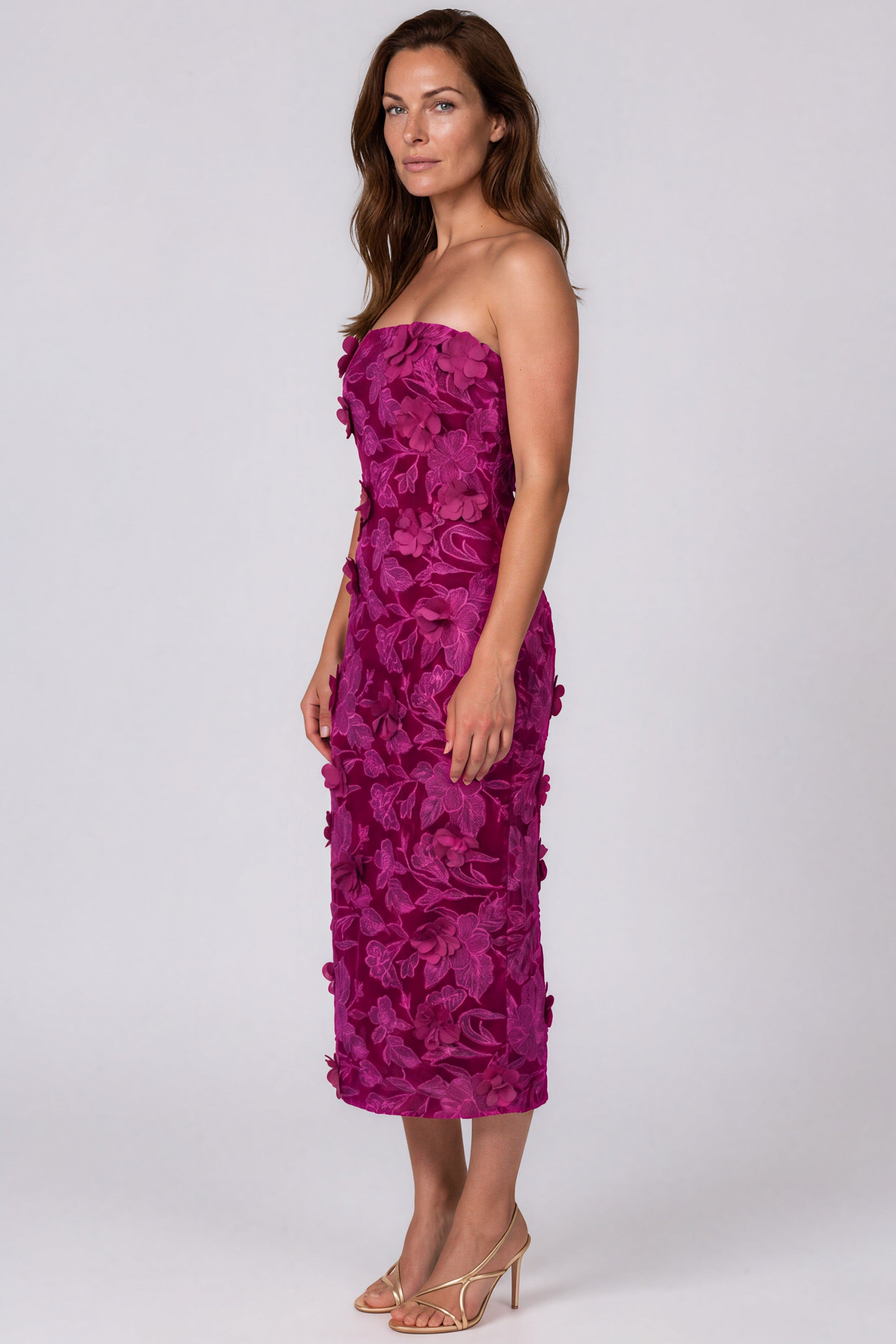 Strapless Velvet Fil Coupé Floral Column Midi Cocktail