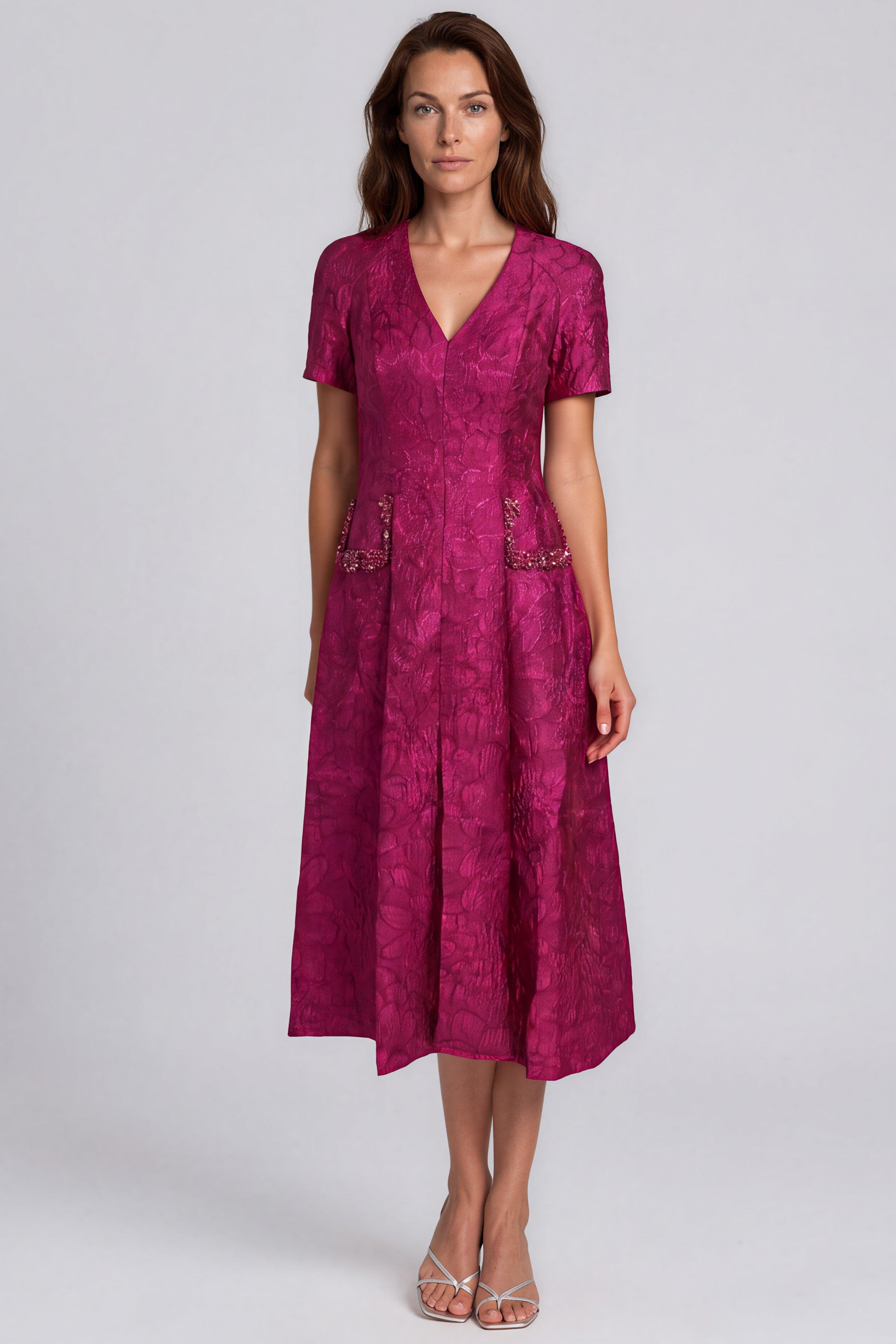 Short Sleeve Jacquard A-Line Midi Dress With Embellished Pockets Cocktail Rene Ruiz Collection