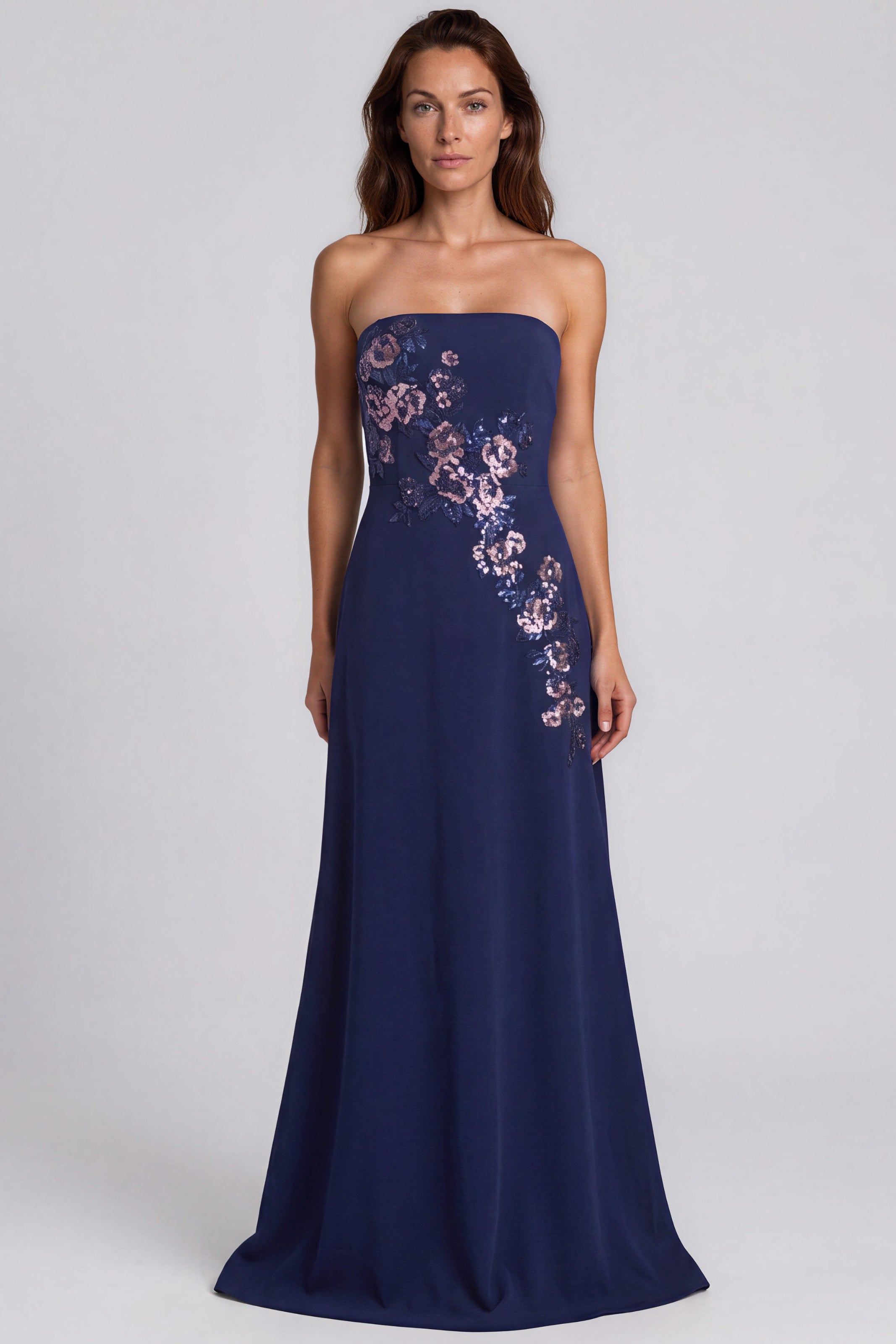 Strapless Sequin Floral Crepe A-Line Gown Gown Rene Ruiz Collection