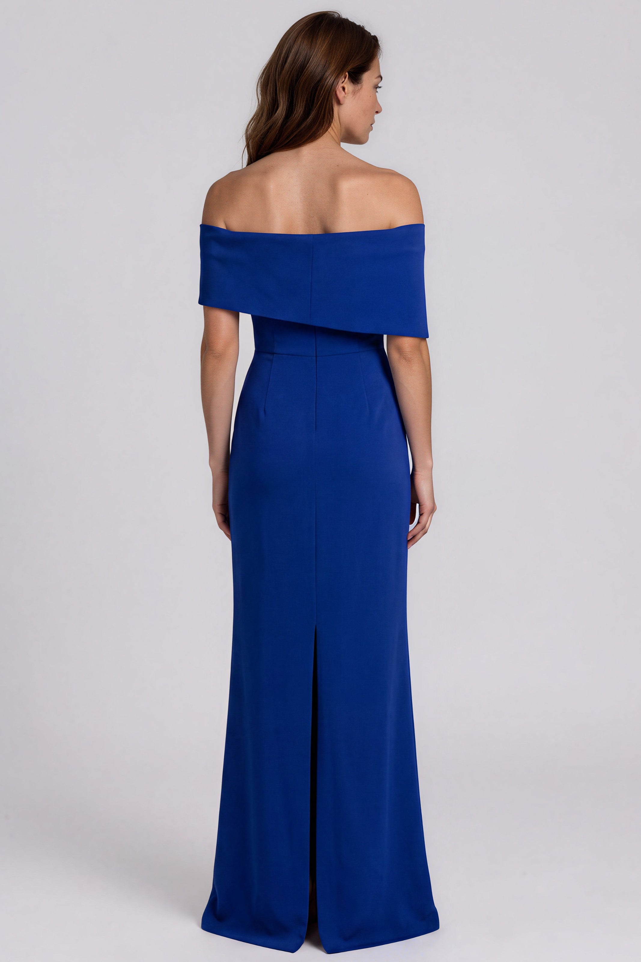 Off The Shoulder Draped Neckline Printed Crepe Column Gown