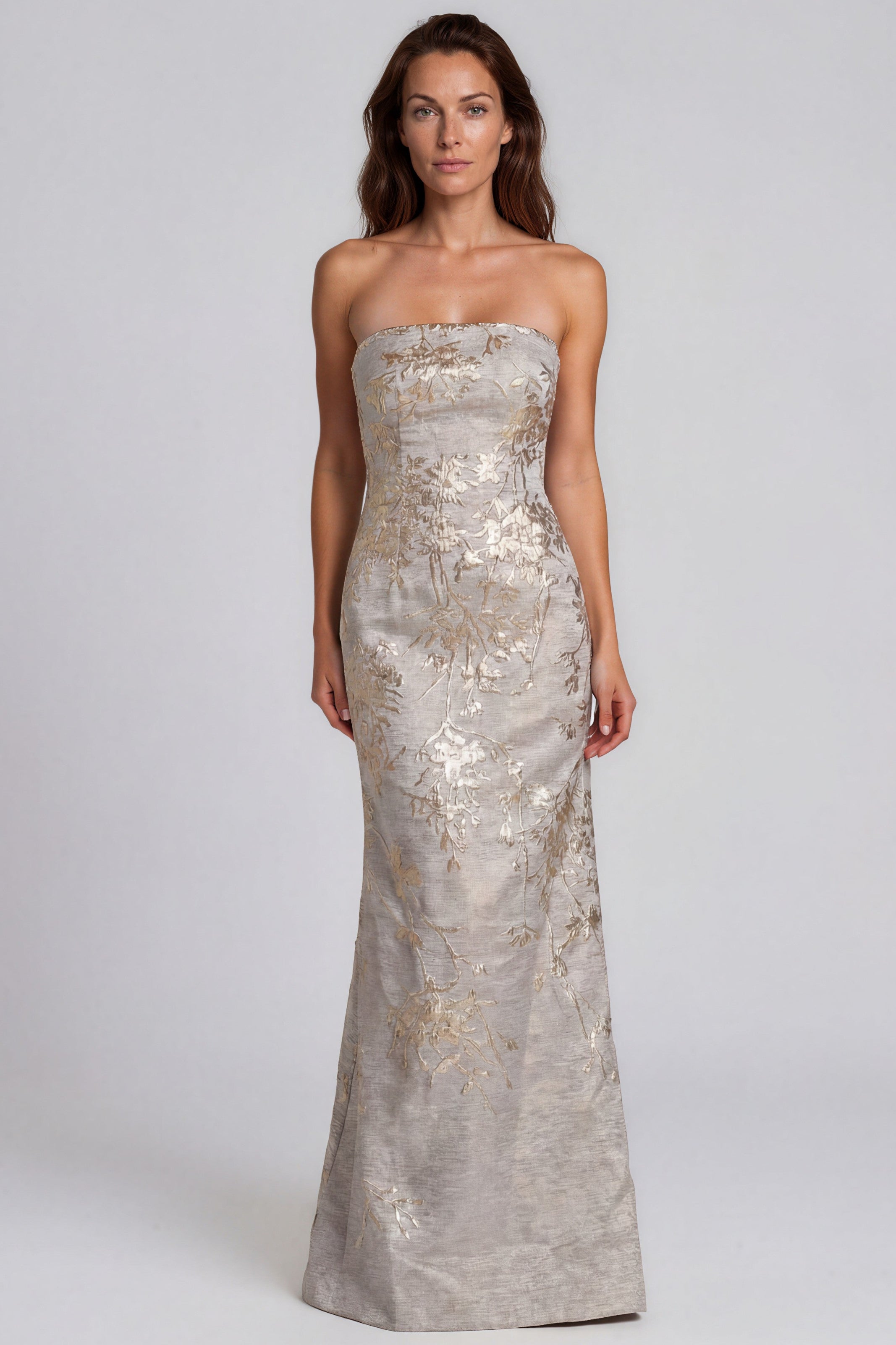 Strapless Fit and Flare Brocade Gown