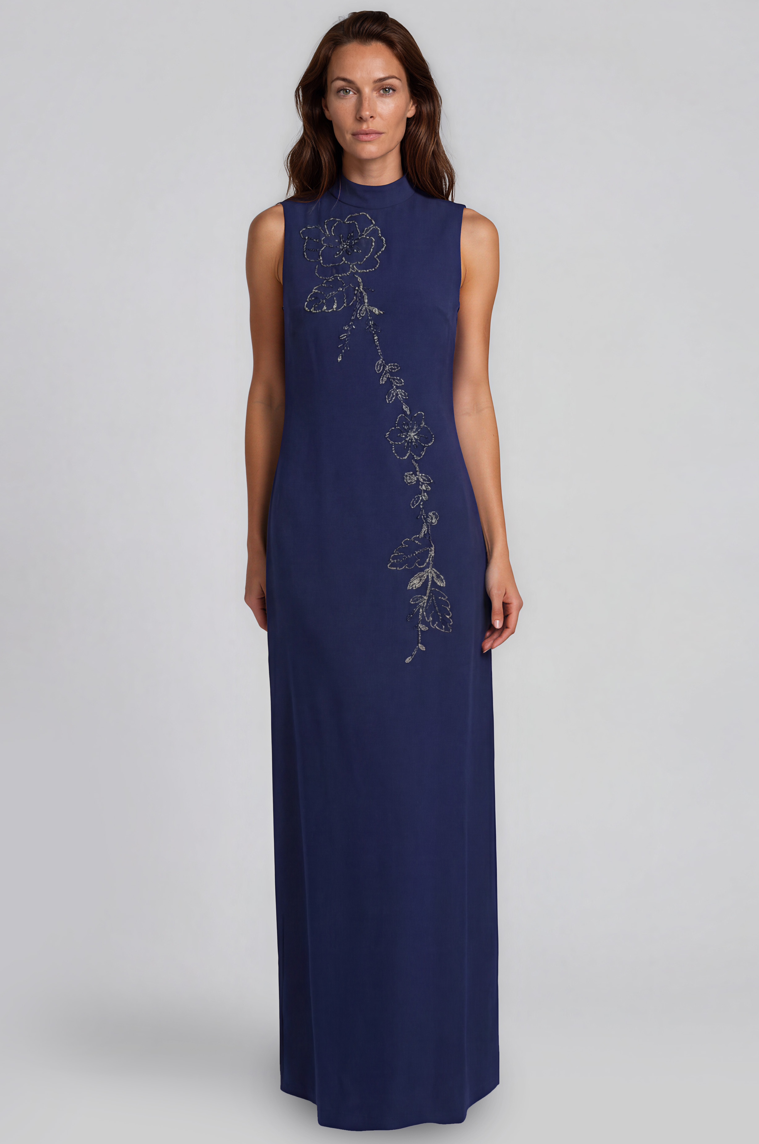 Floral Beaded Column Crepe Gown Gown Rene Ruiz Collection