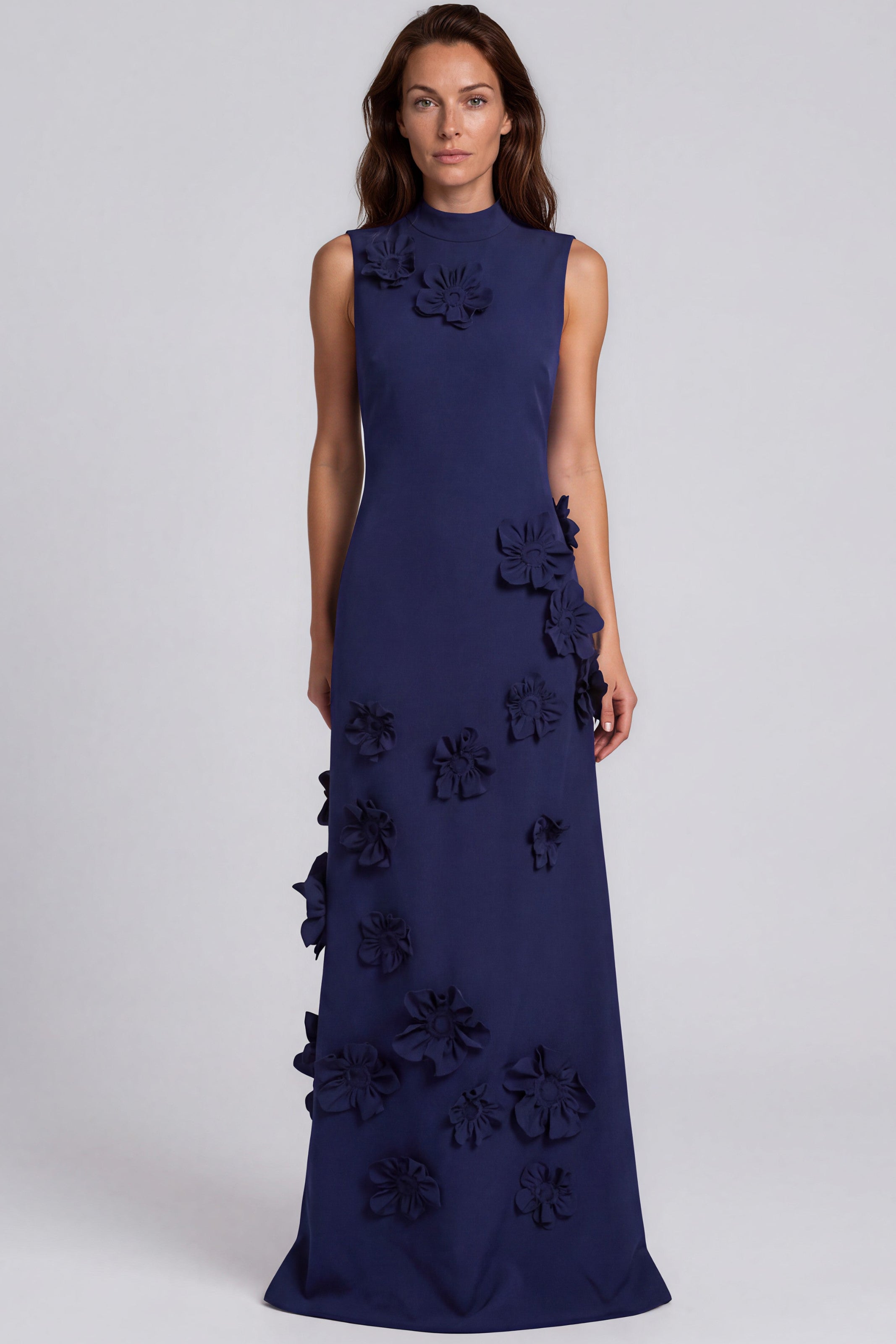 High Neck Sleeveless 3D Floral Appliqués Crepe Fit And Flare Gown
