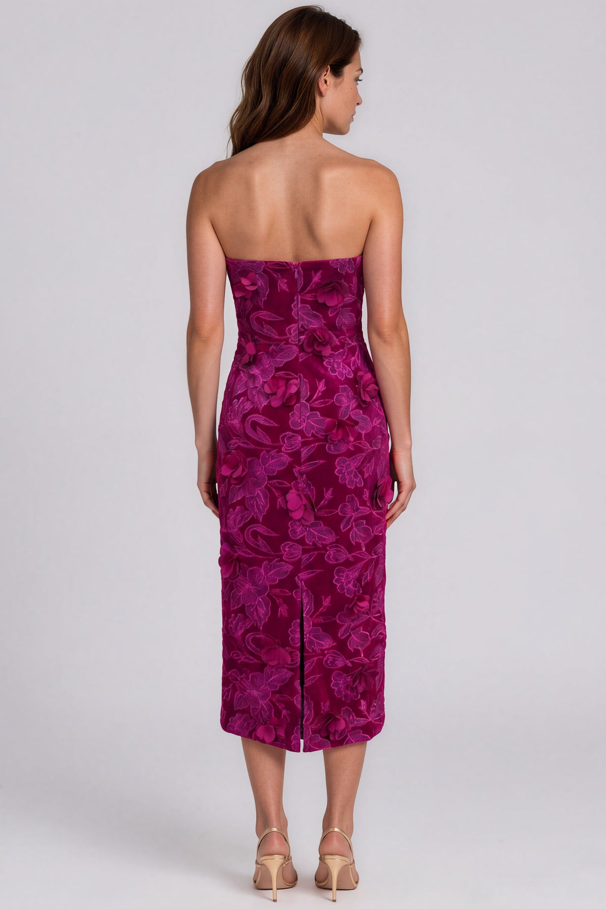 Strapless Velvet Fil Coupé Floral Column Midi Cocktail