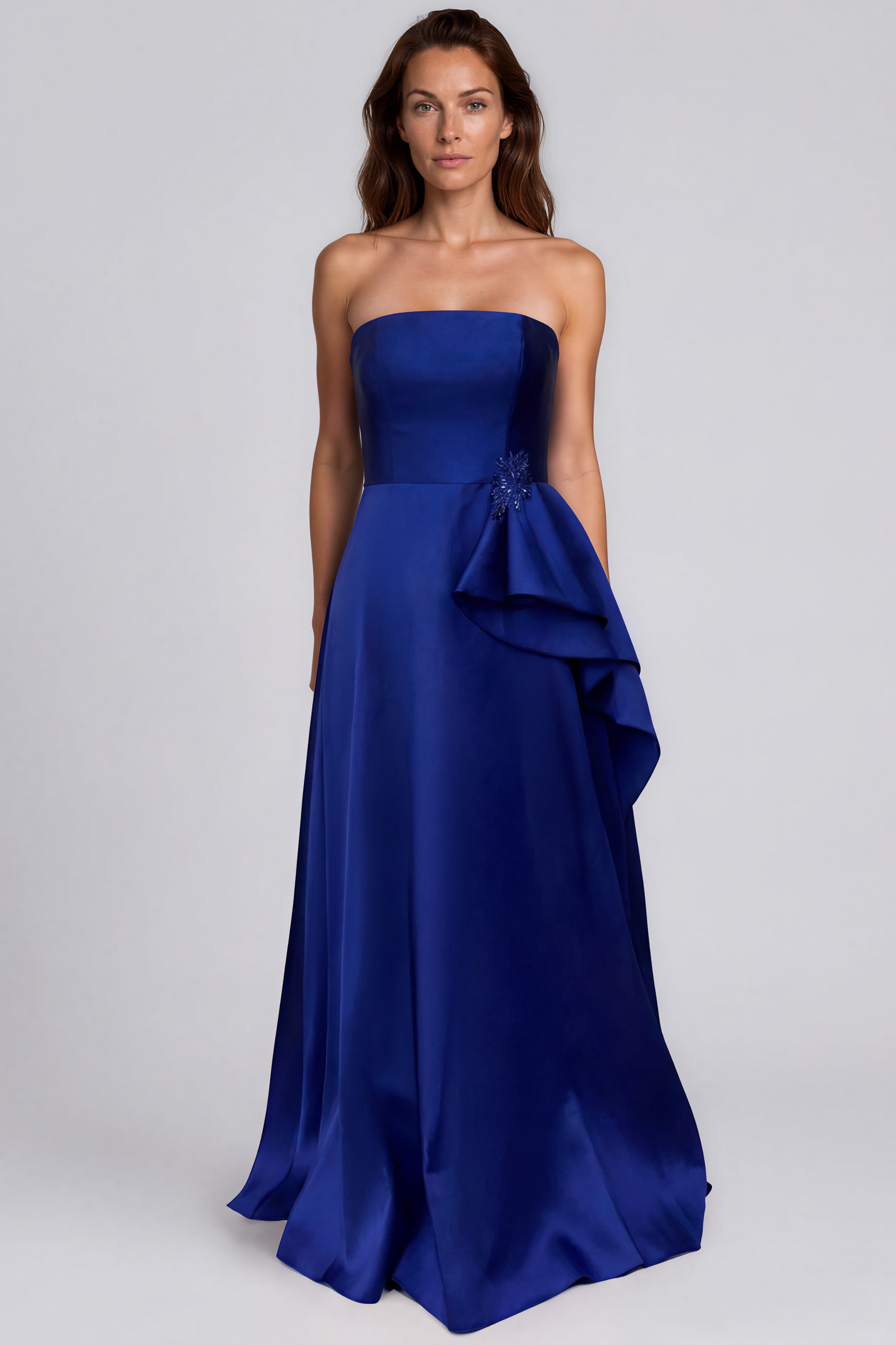 Strapless Sculptural Side Ruffle Mikado A-Line Gown with Embellished Waist Gown Rene Ruiz Collection
