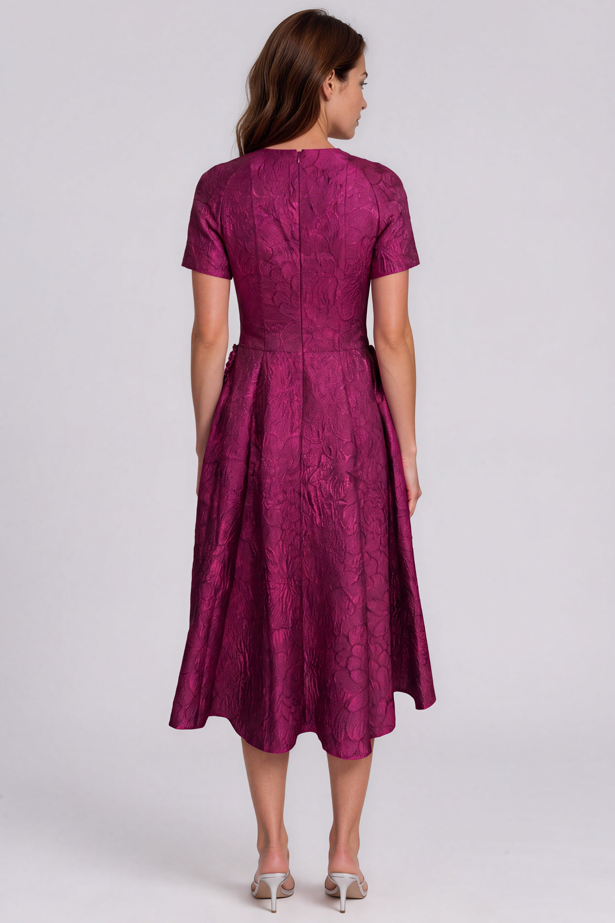 Short Sleeve Jacquard A-Line Midi Dress With Embellished Pockets Cocktail Rene Ruiz Collection