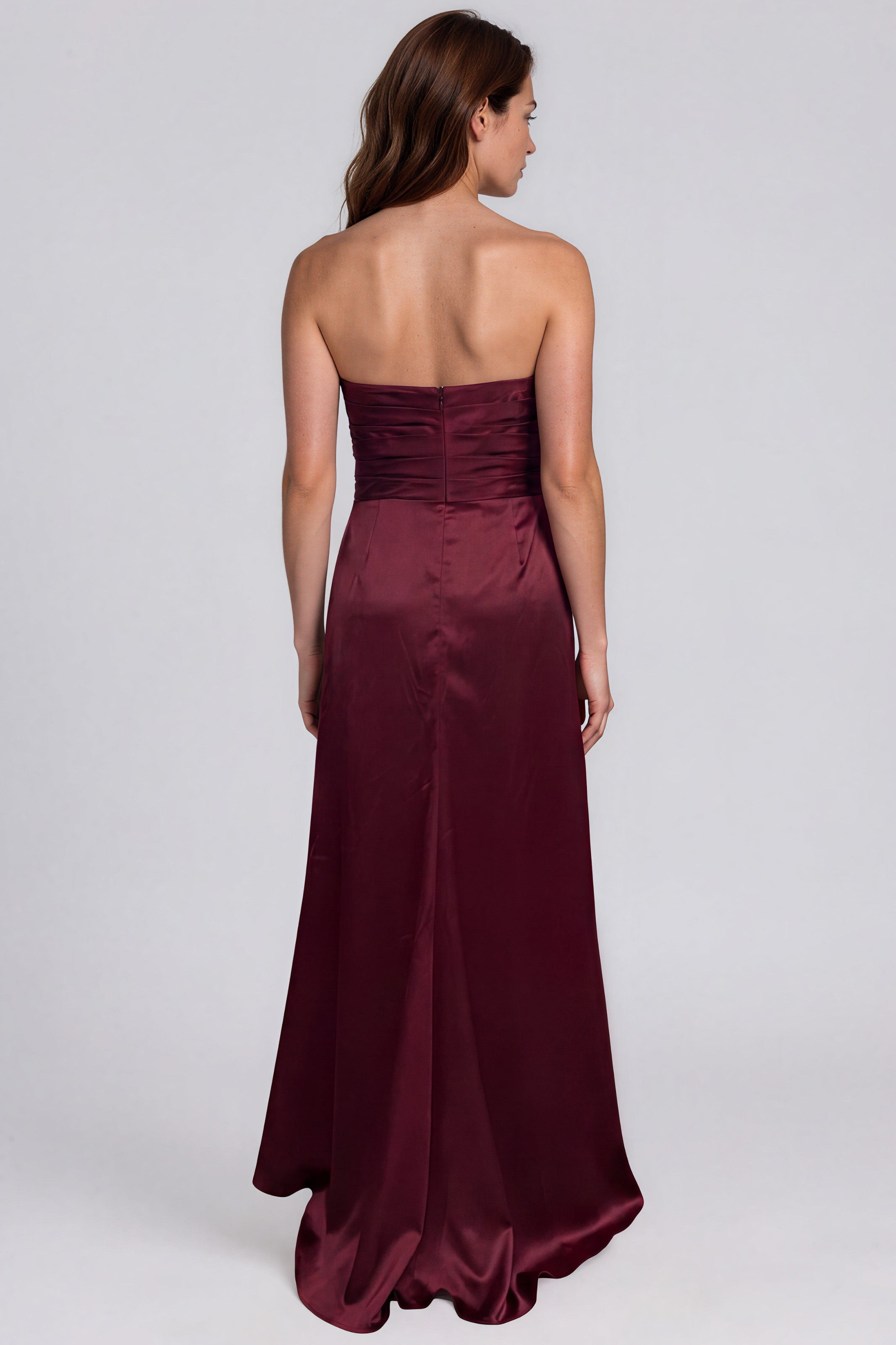 Strapless Draped Waist Floral Detail Satin-Back Crepe A-Line Gown