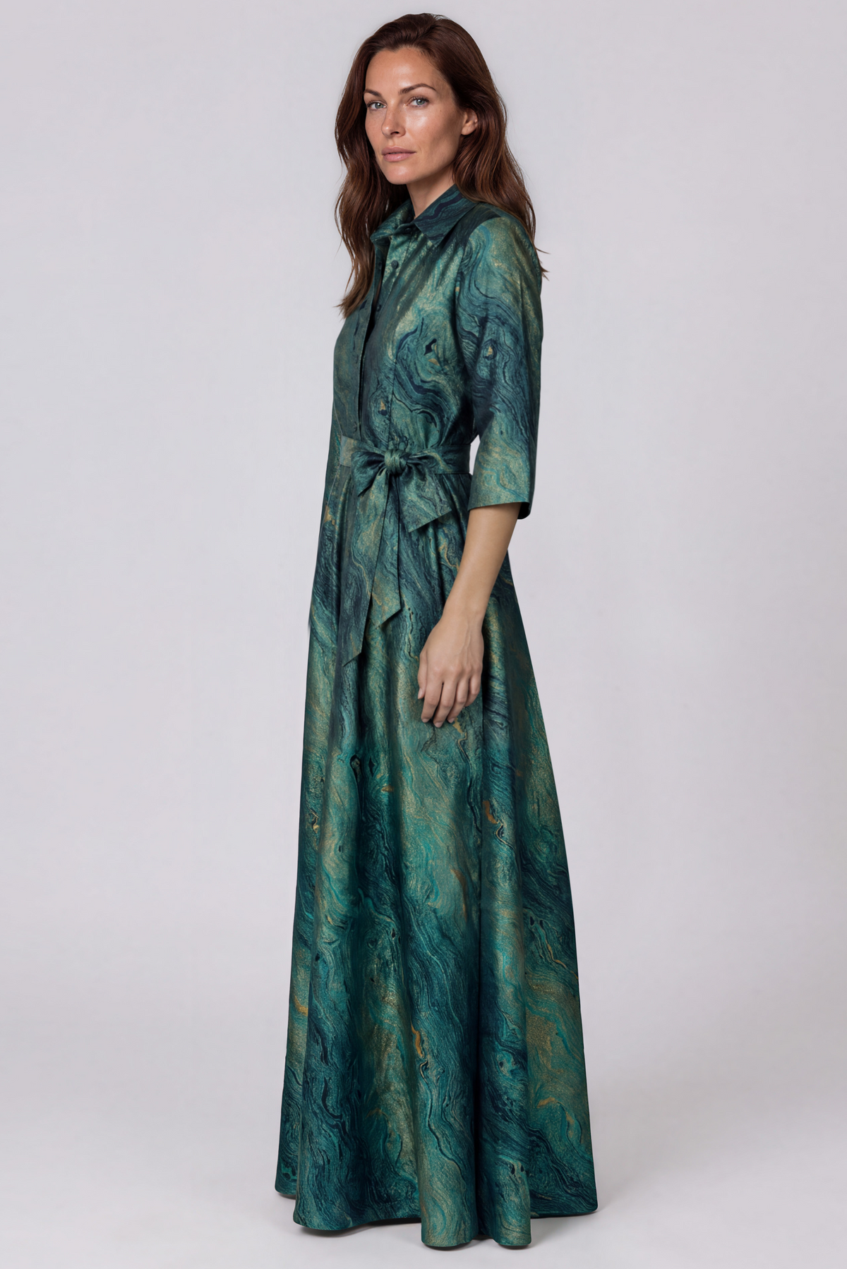 3/4 Dolman Sleeve Taffeta Jacquard Shirt Gown with Sash and Pockets Gown Rene Ruiz Collection