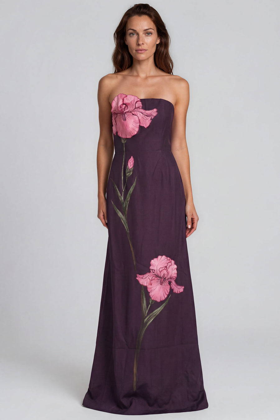 Strapless Floral Appliqué Printed Crepe Column Gown Gown Rene Ruiz Collection