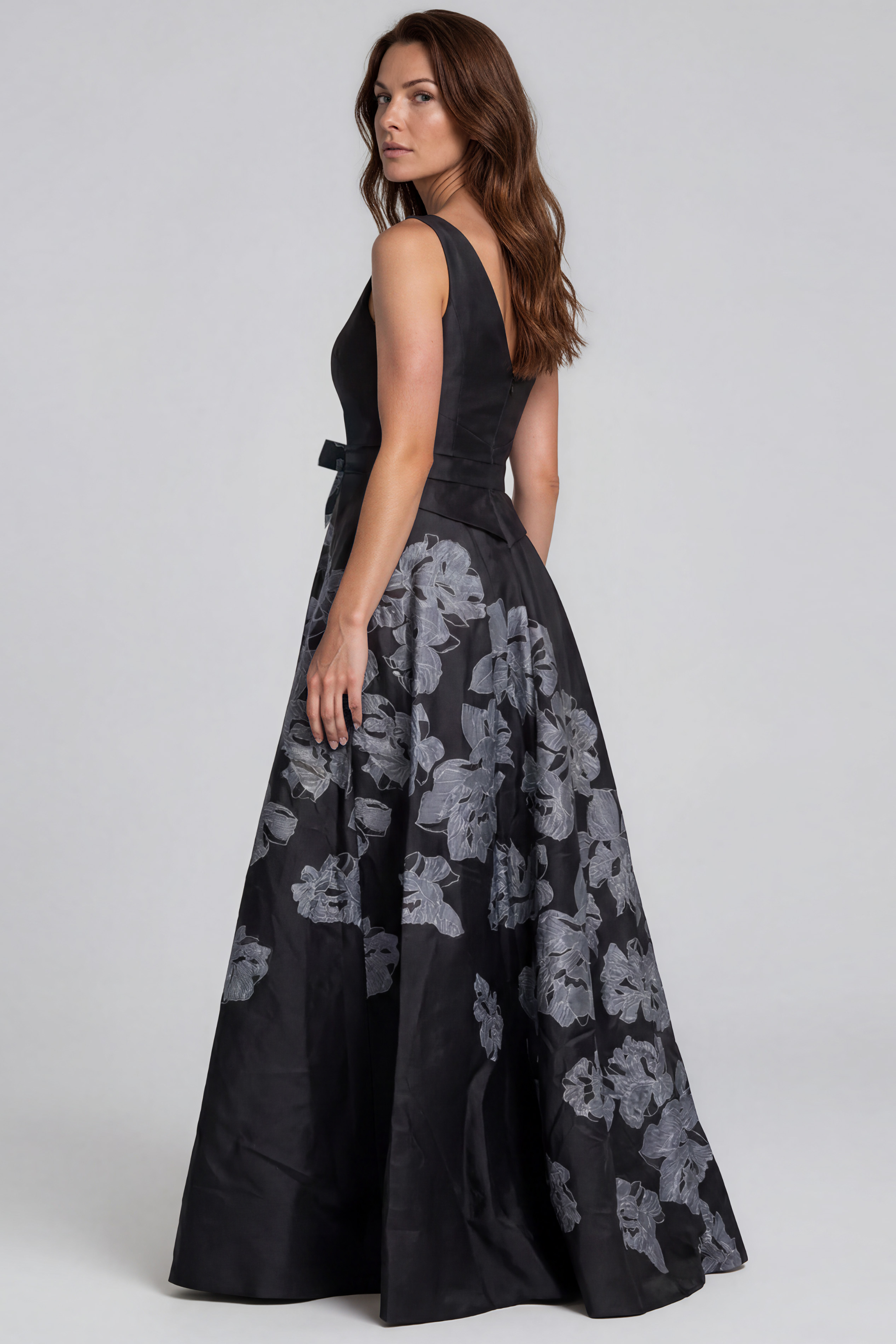 One Shoulder Floral Boarder Print Mikado A-Line Gown Gown Rene Ruiz Collection