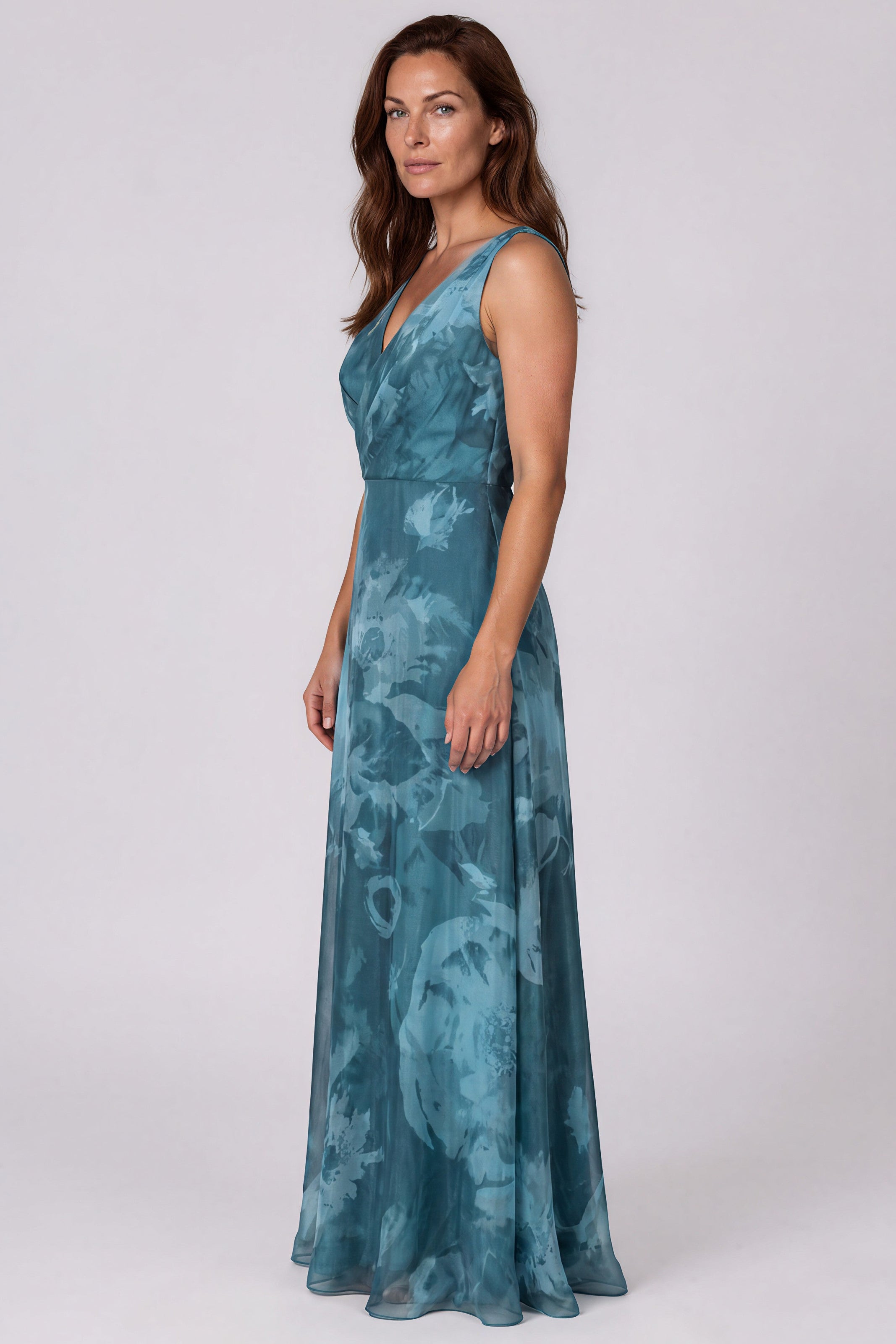 Sleeveless Surplice V-Neck Printed Organza A-Line Gown Gown Rene Ruiz Collection