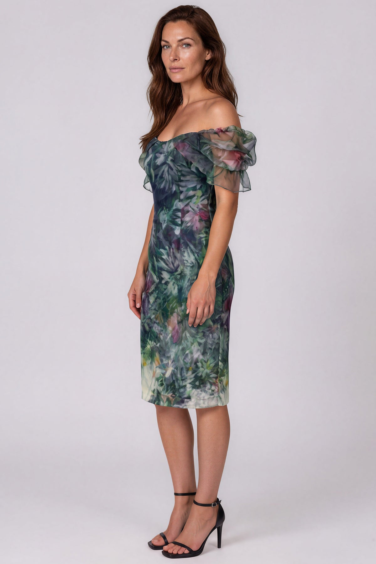 Off The Shoulder Flutter Sleeves Printed Organza Sheath Cocktail Dress Cocktail Rene Ruiz Collection