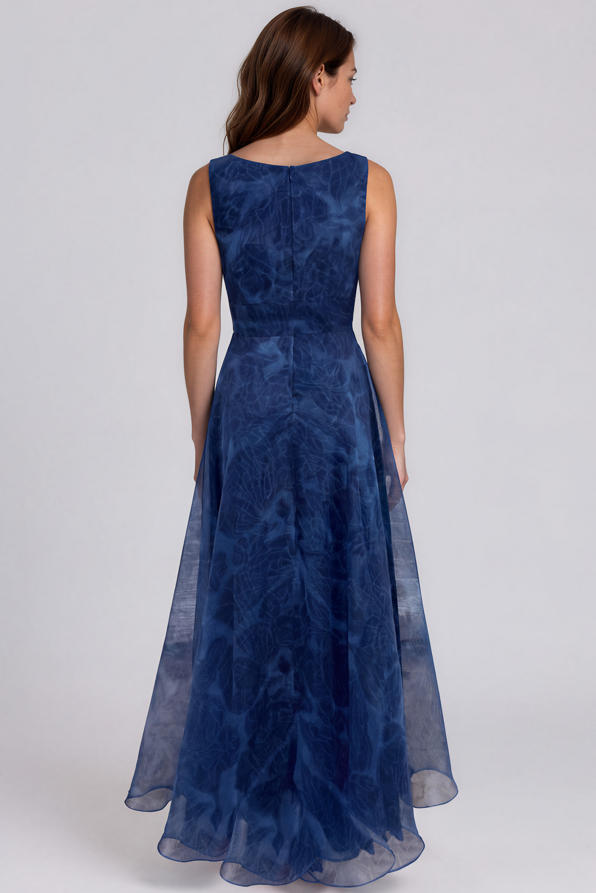 V-Neck Floral Printed Organza Waist Tie A-Line Gown Gown Rene Ruiz Collection