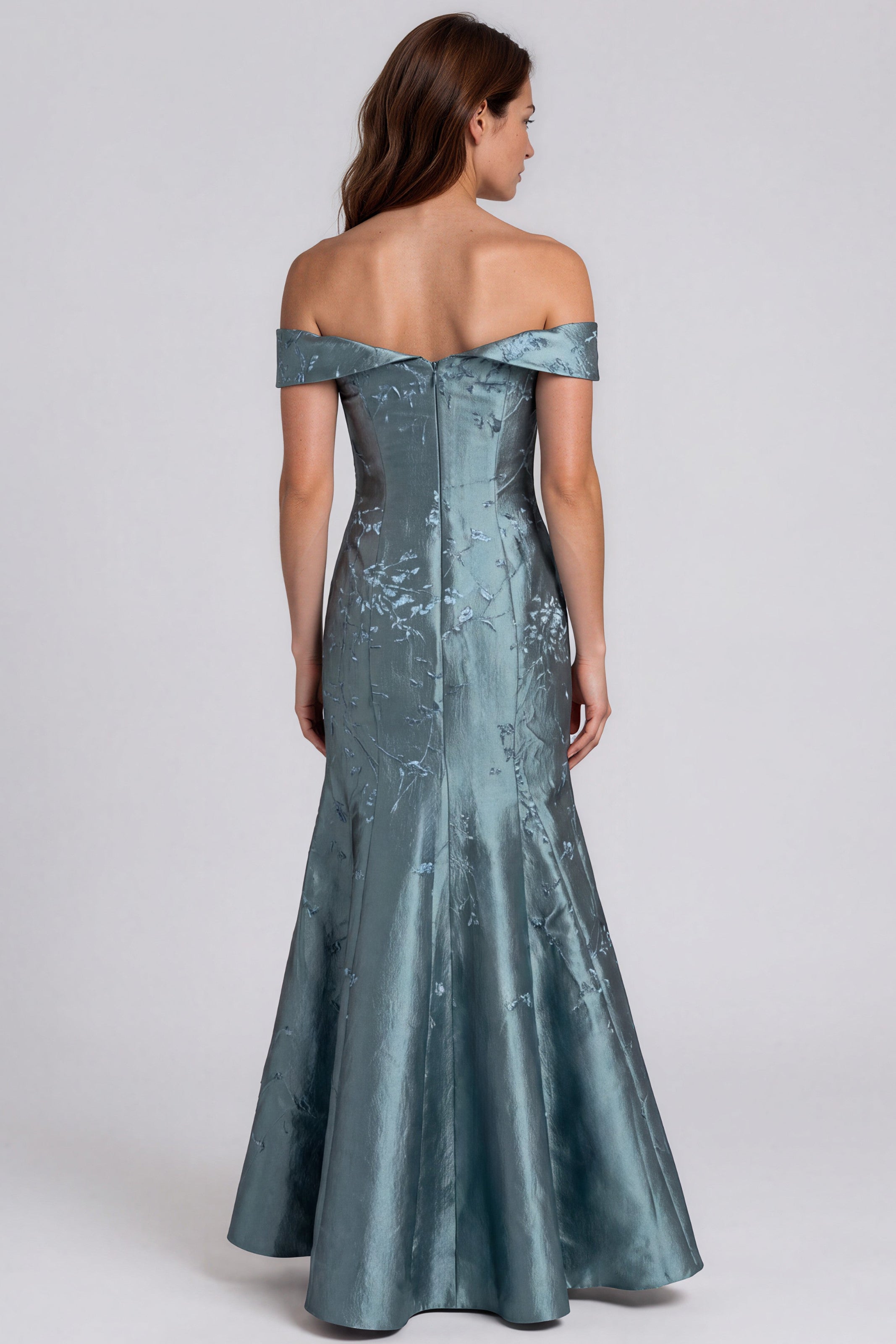 Off The Shoulder Brocade Fit and Flare Gown Gown Rene Ruiz Collection