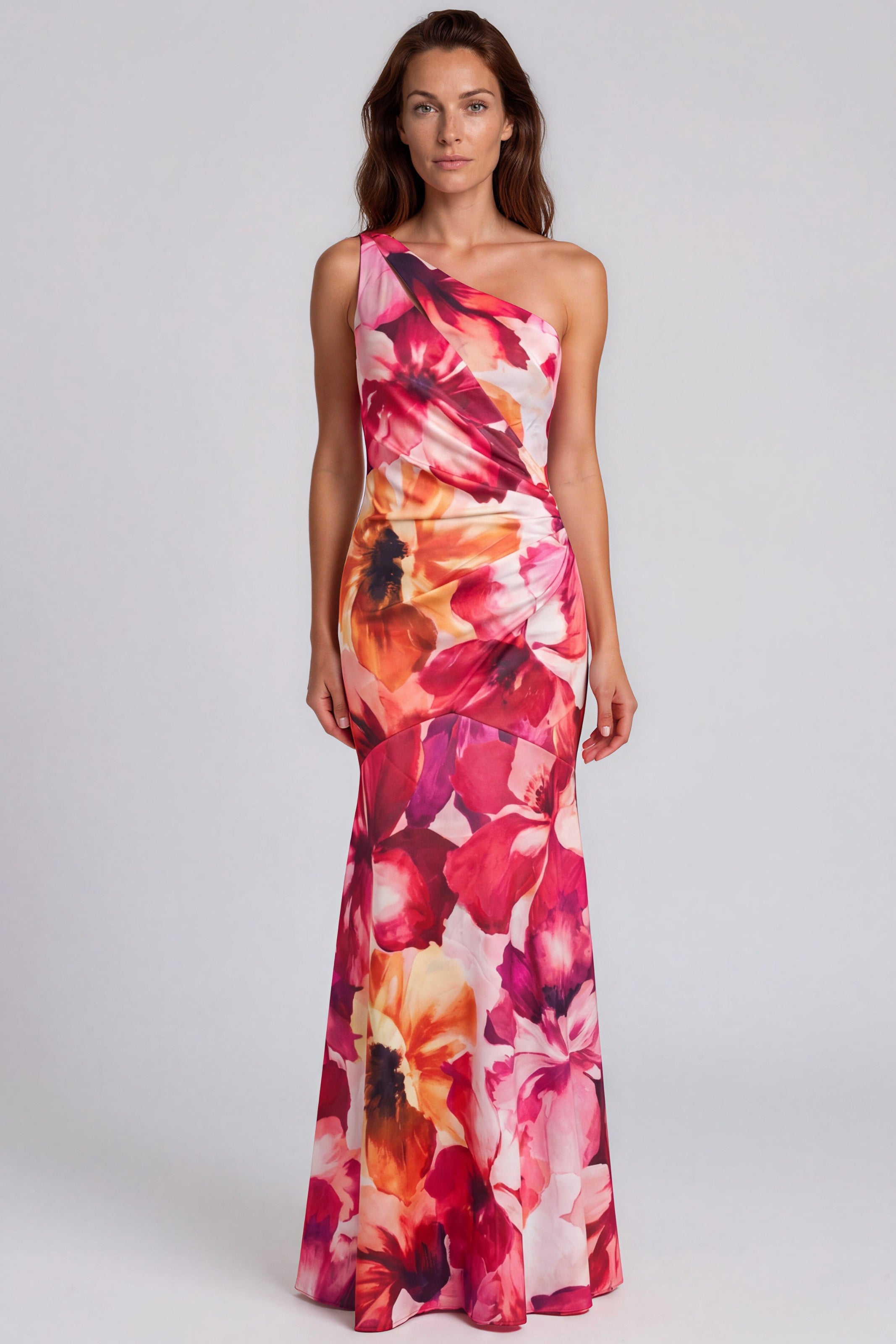 One Shoulder Floral Scuba Gown Gown Rene Ruiz Collection