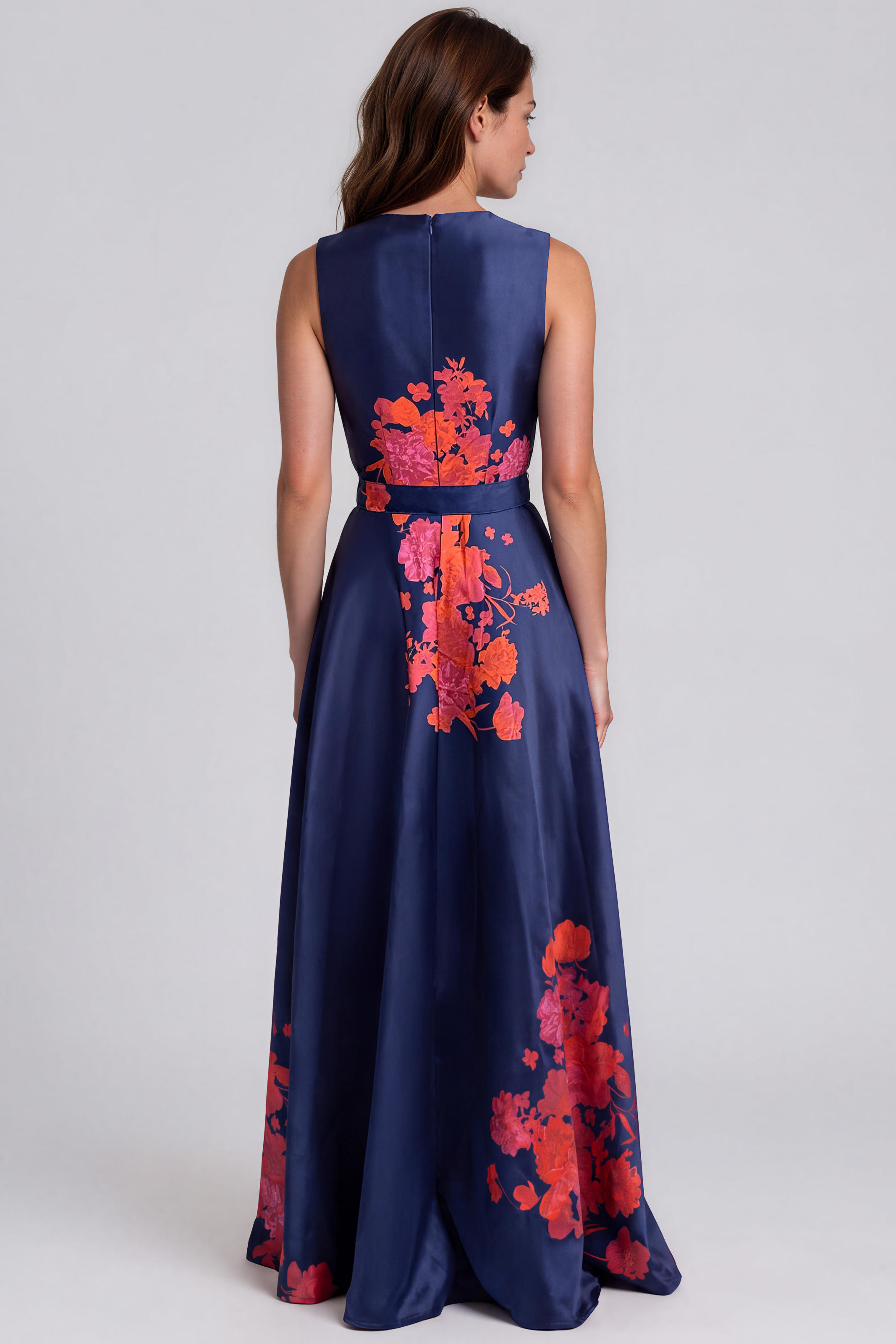 Sleeveless Printed Mikado A-Line Gown with Sash Waist