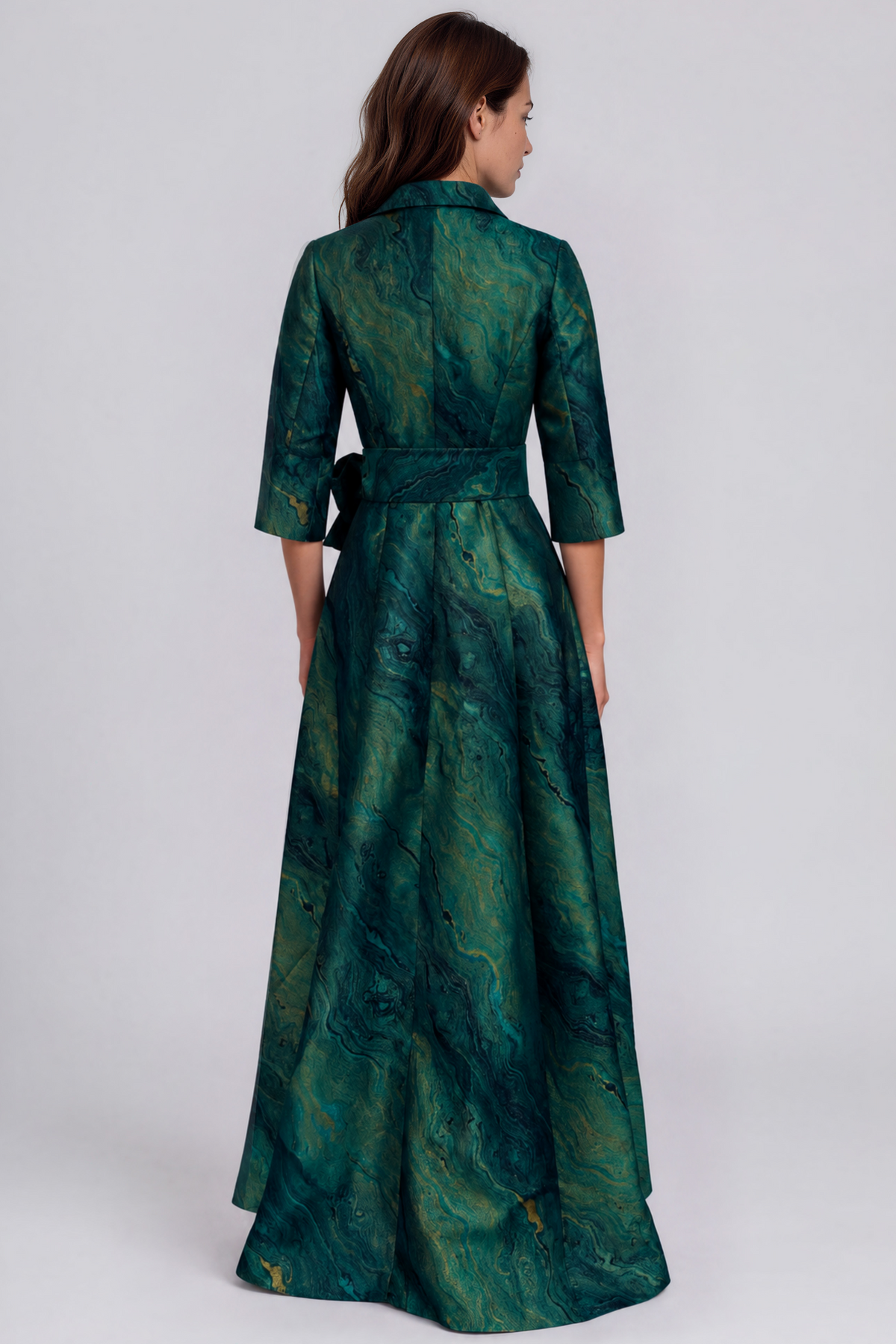 3/4 Dolman Sleeve Taffeta Jacquard Shirt Gown with Sash and Pockets Gown Rene Ruiz Collection