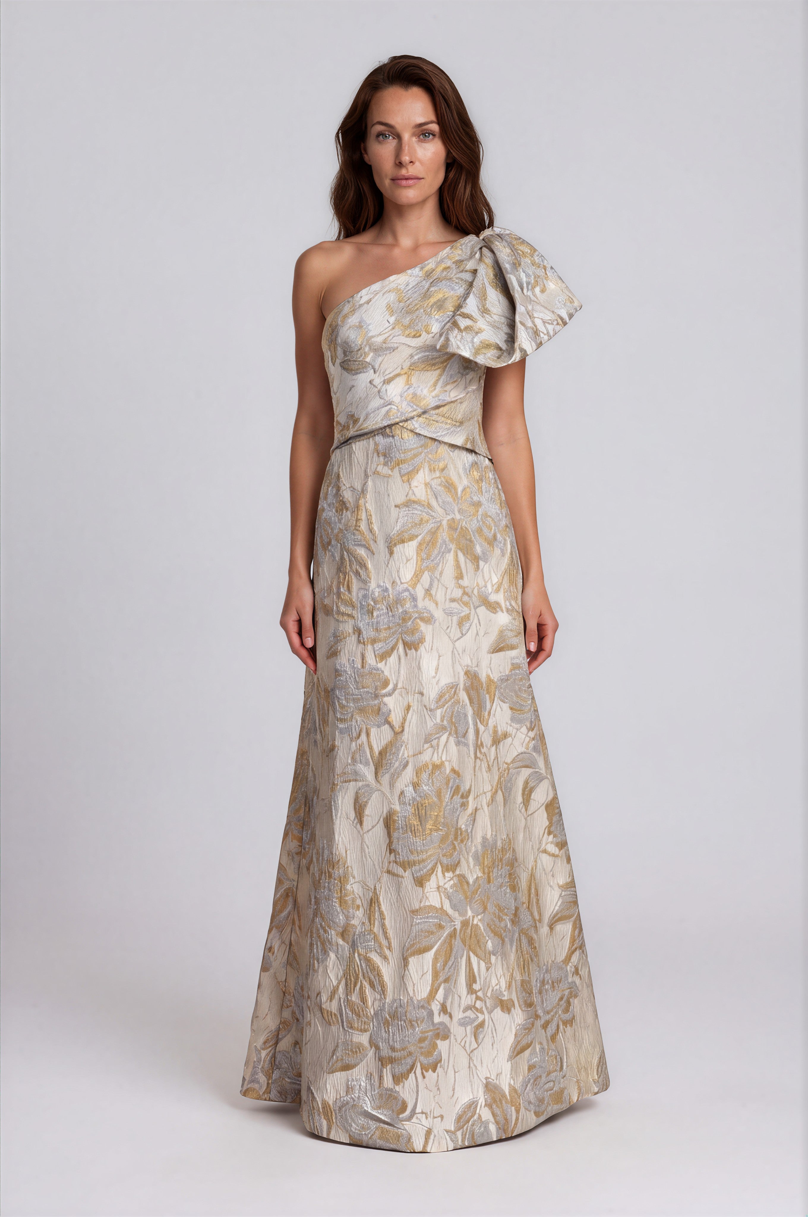 One Shoulder Metallic Floral Brocade A-Line Gown Gown Rene Ruiz Collection