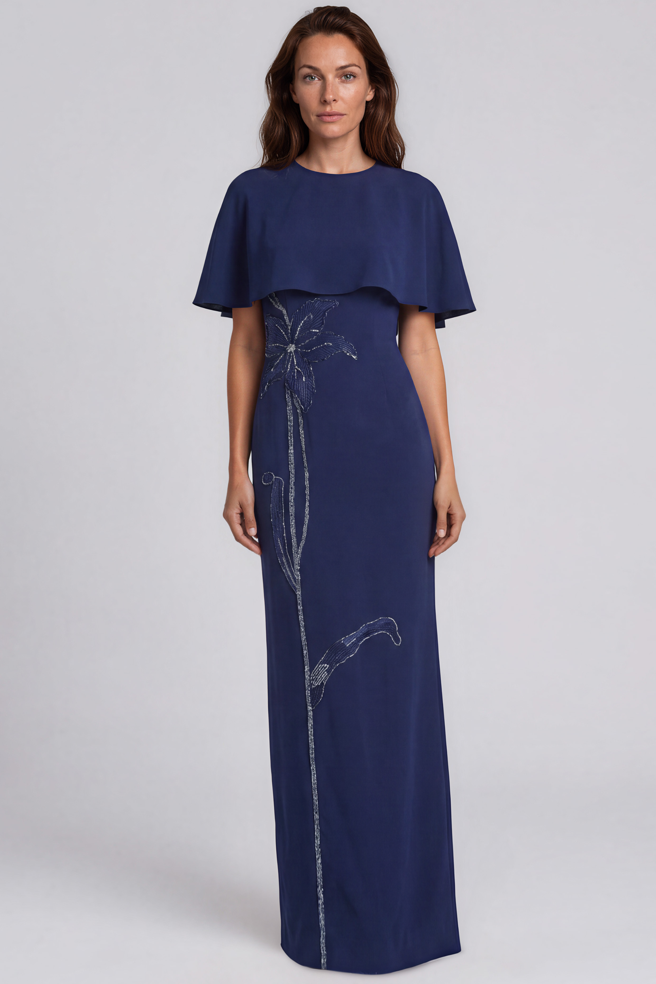 Beaded Floral Embroidery Crepe Column Gown with Cape Overlay Gown Rene Ruiz Collection