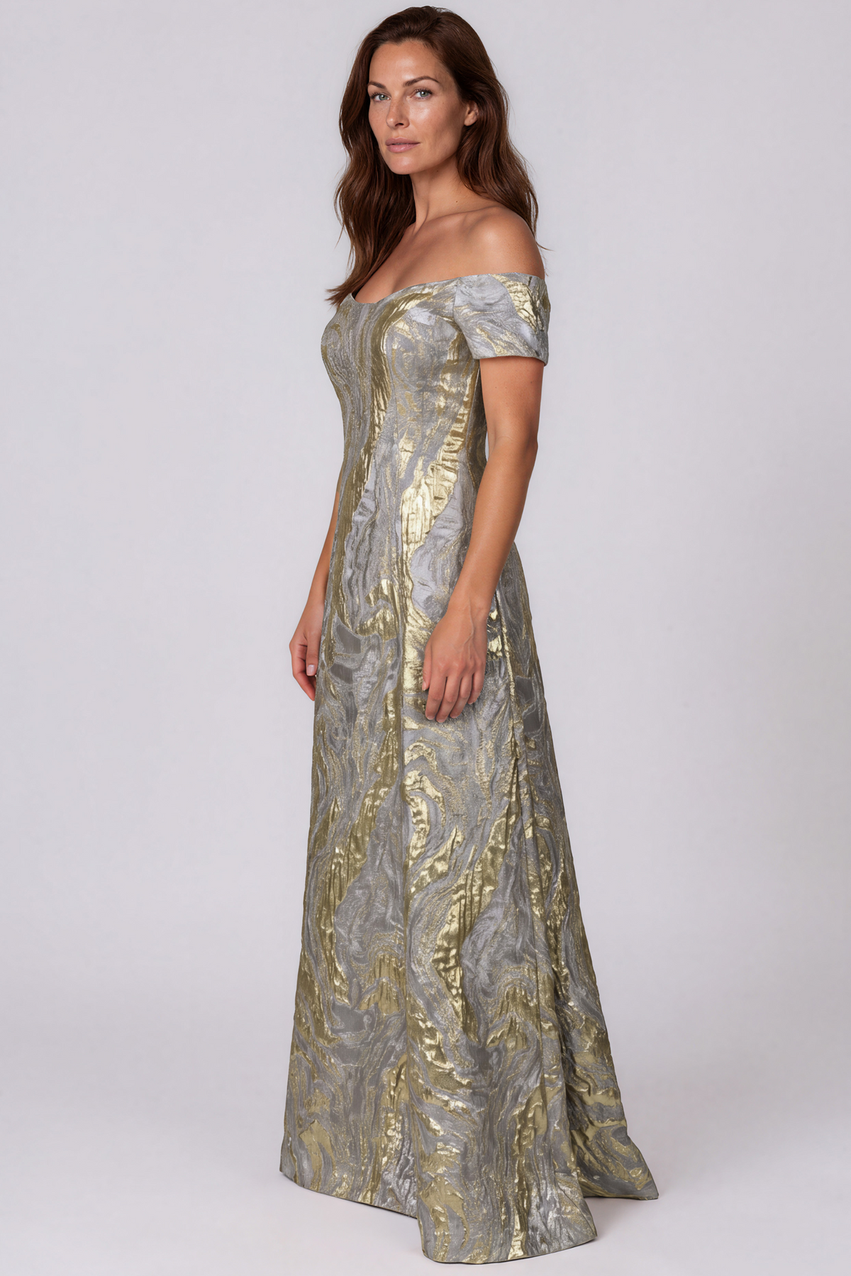 Off The Shoulder Metallic Brocade A-Line Gown Gown Rene Ruiz Collection