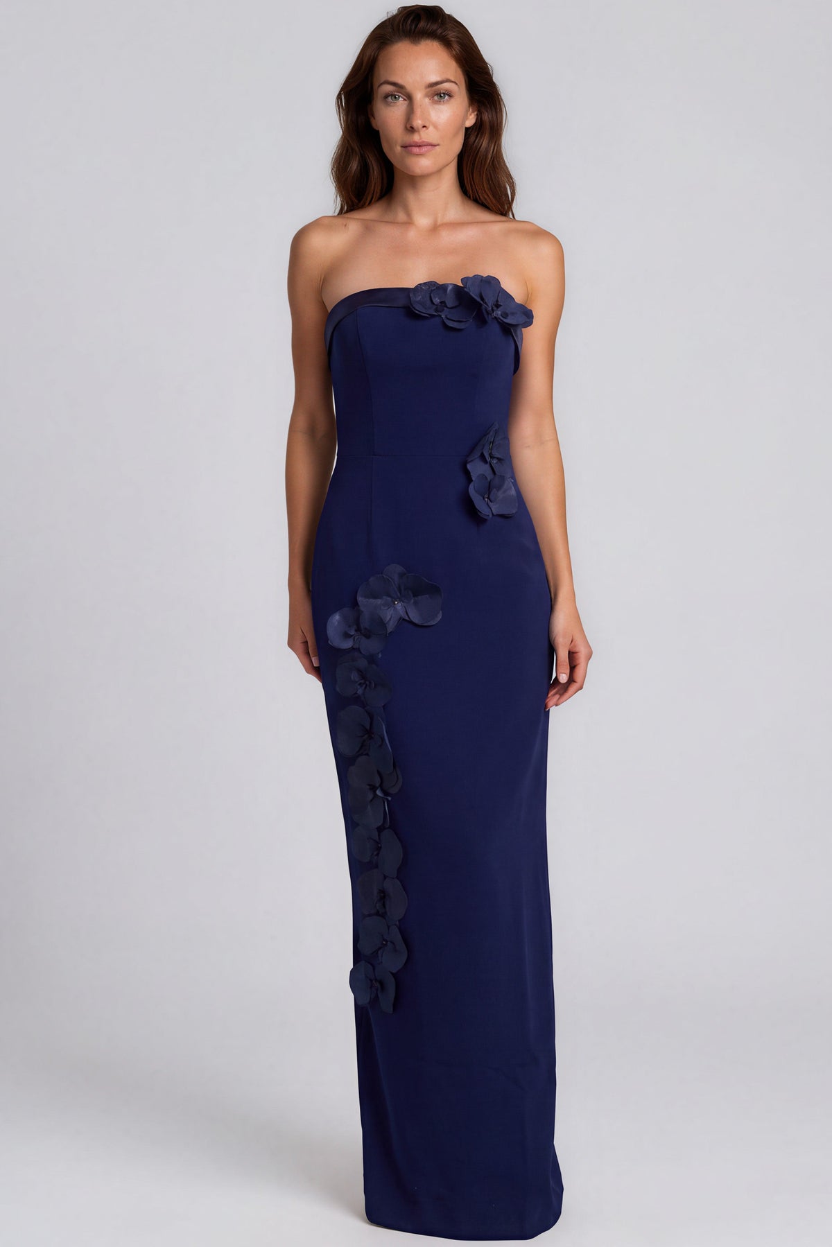Strapless Crepe Column Gown with Organza Floral Appliqués