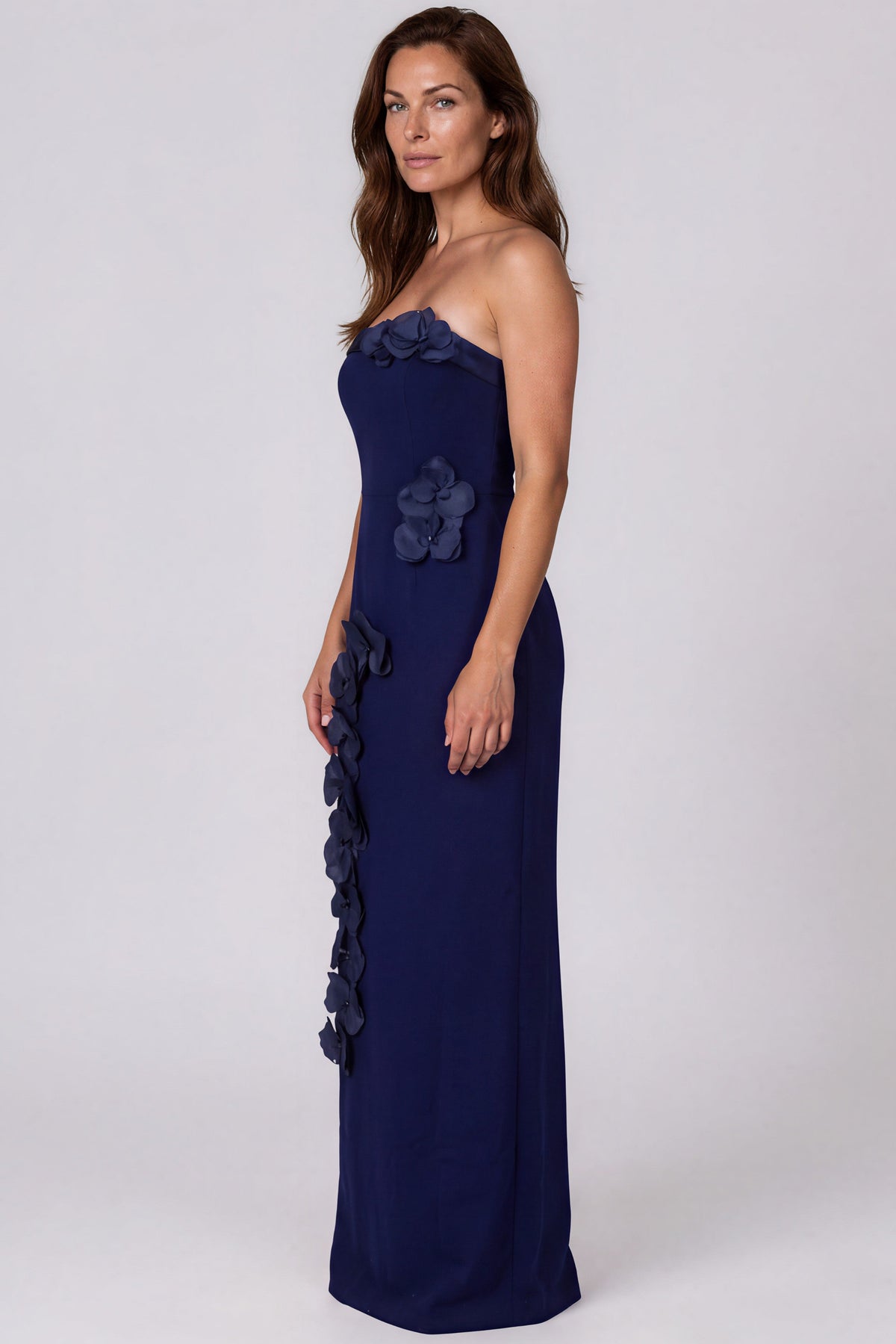 Strapless Crepe Column Gown with Organza Floral Appliqués
