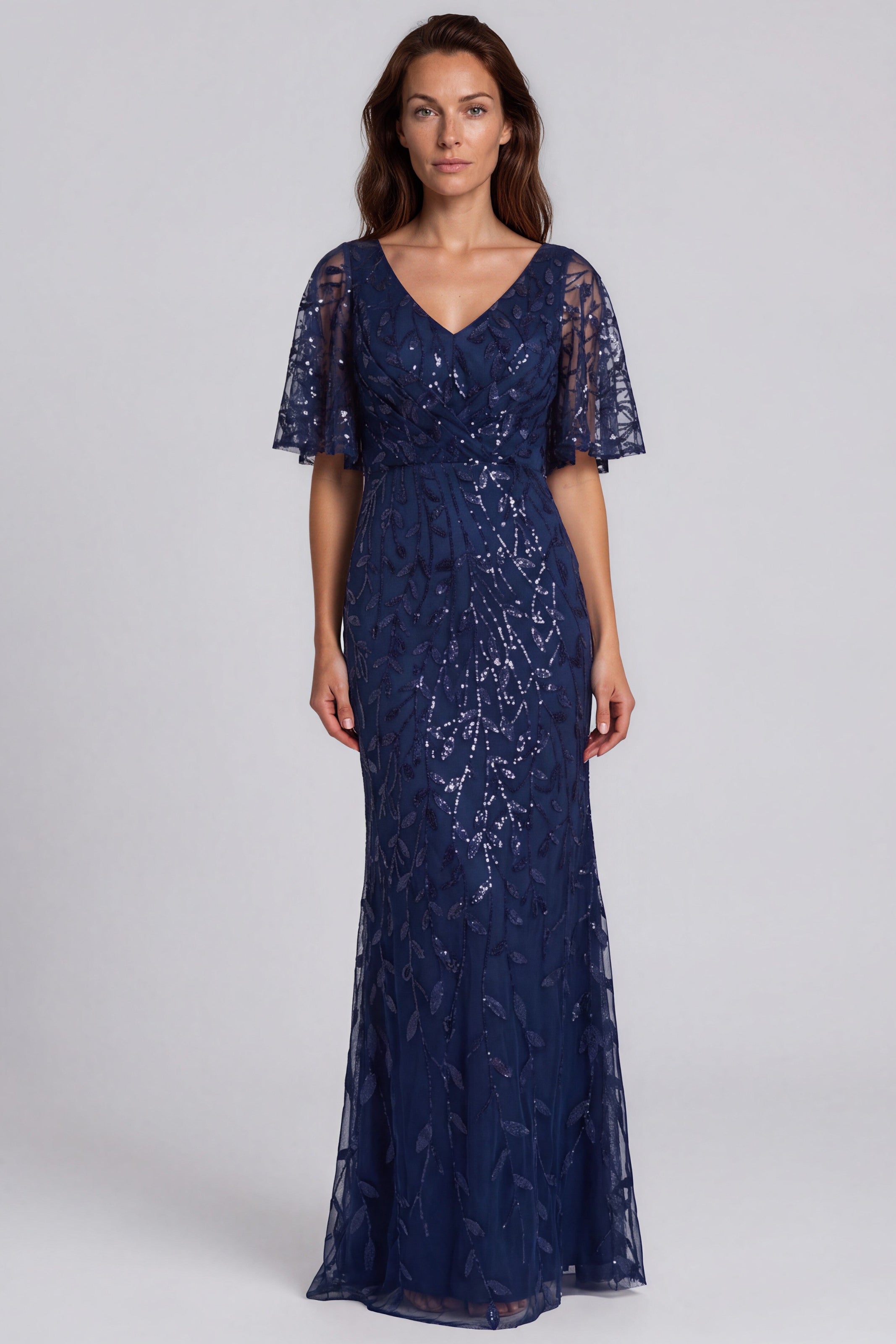 Embroidered V-Neck Fit and Flare Gown with Flutter Sleeves Gown Rene Ruiz Collection