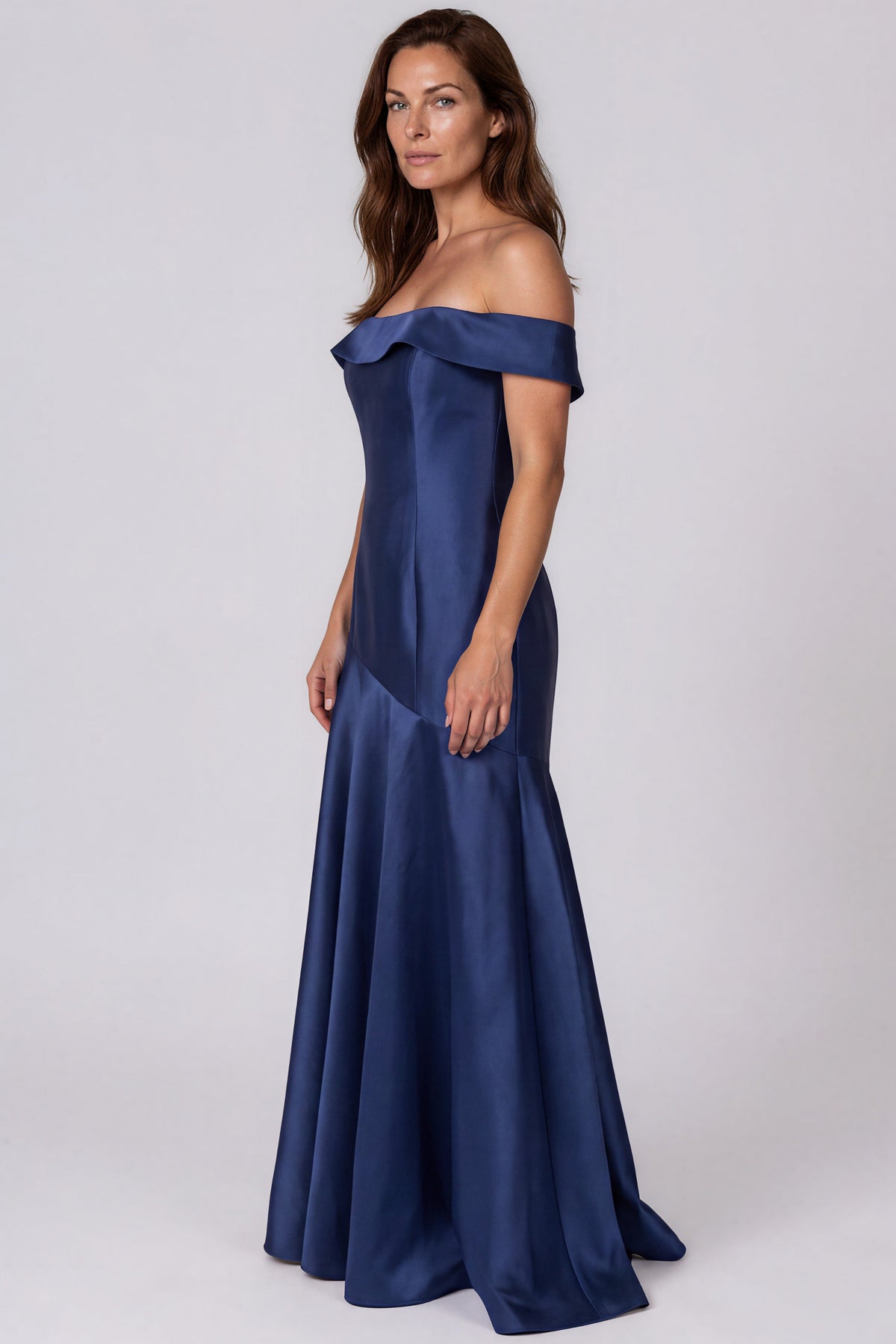 Off The Shoulder Asymmetric Waist Mikado Fit and Flare Gown Gown Rene Ruiz Collection
