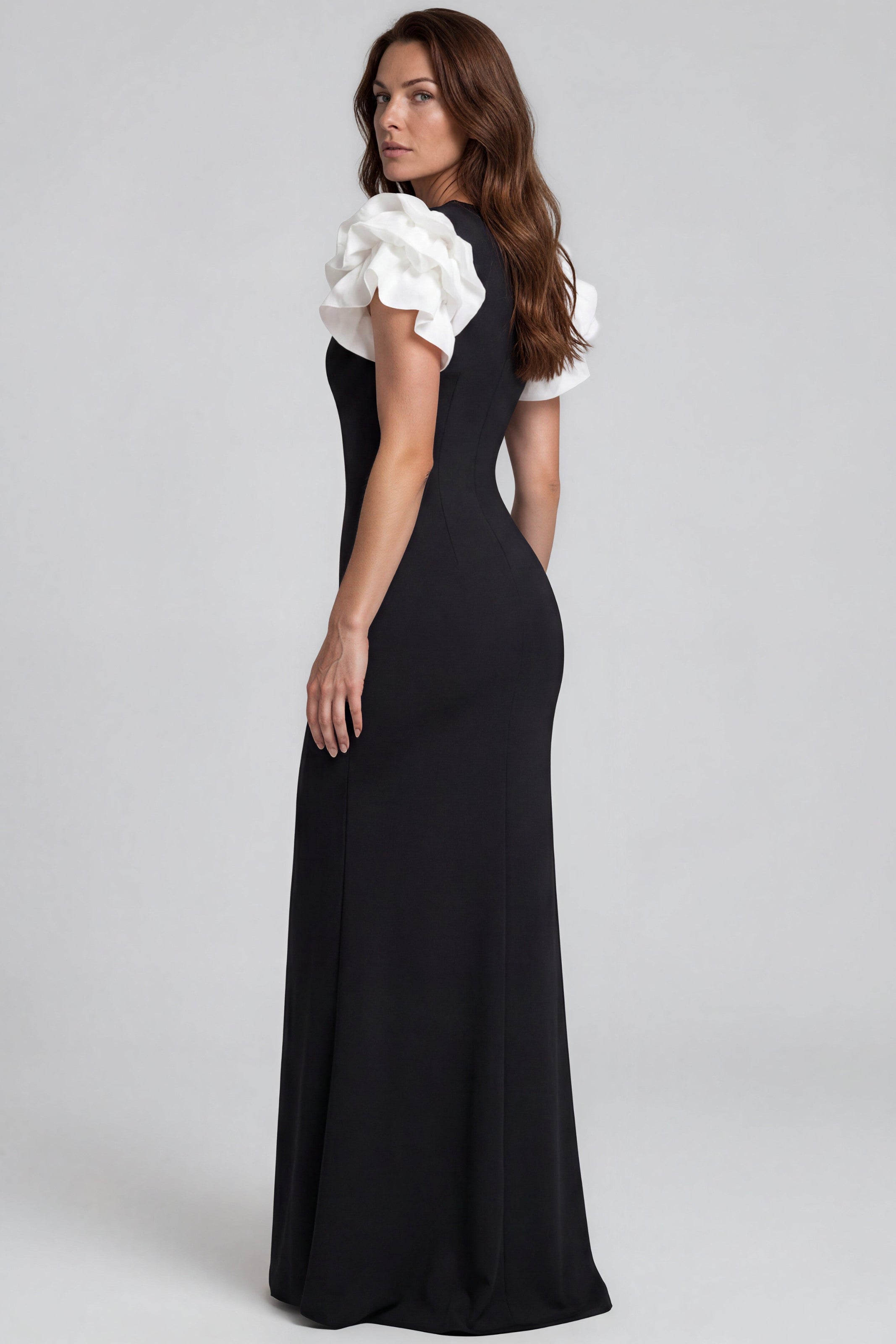 3D Floral Sleeve Fit and Flare Scuba Gown Gown Rene Ruiz Collection