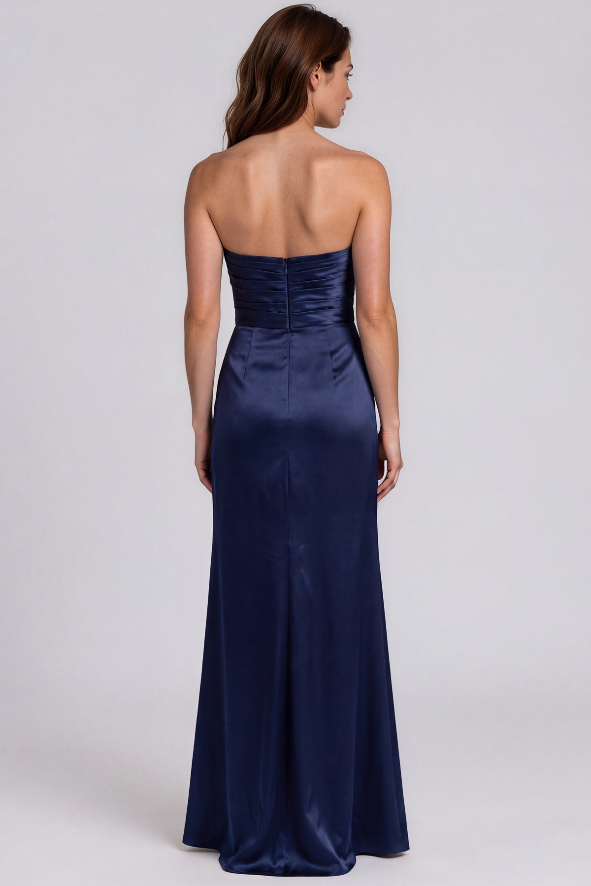 Strapless Draped Waist Floral Detail Satin-Back Crepe A-Line Gown Gown Rene Ruiz Collection