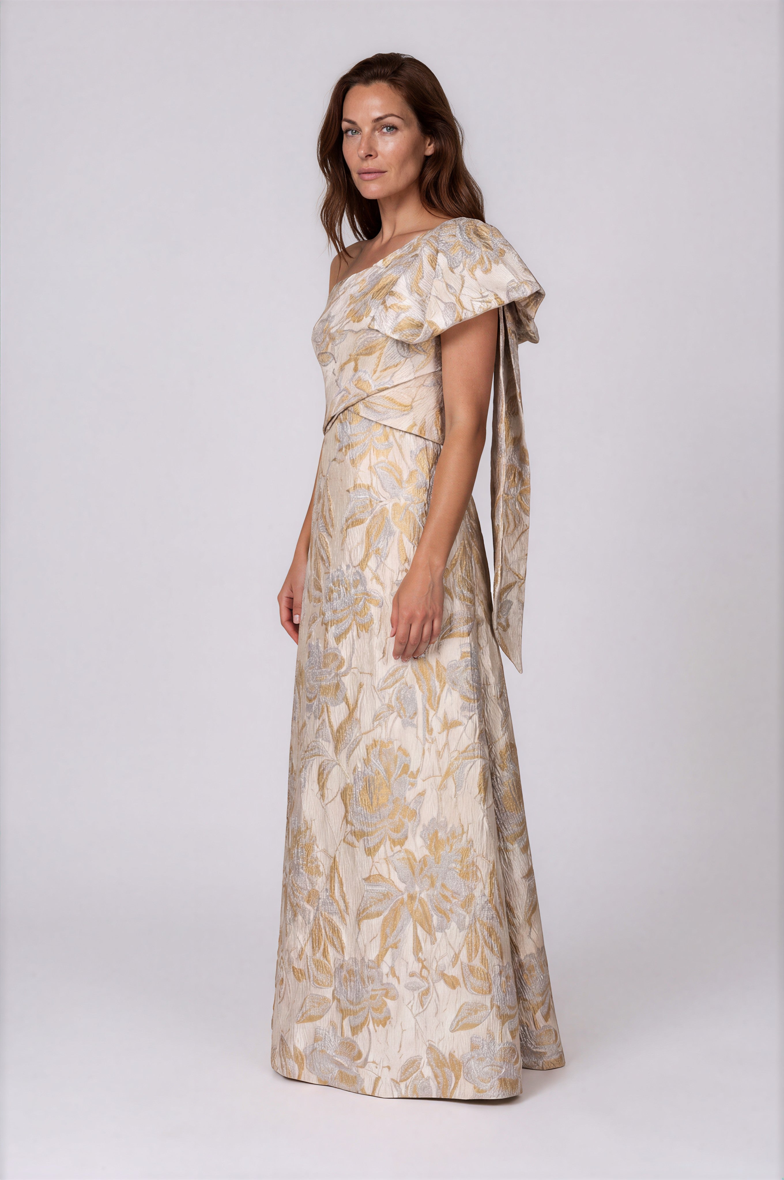One Shoulder Metallic Floral Brocade A-Line Gown Gown Rene Ruiz Collection