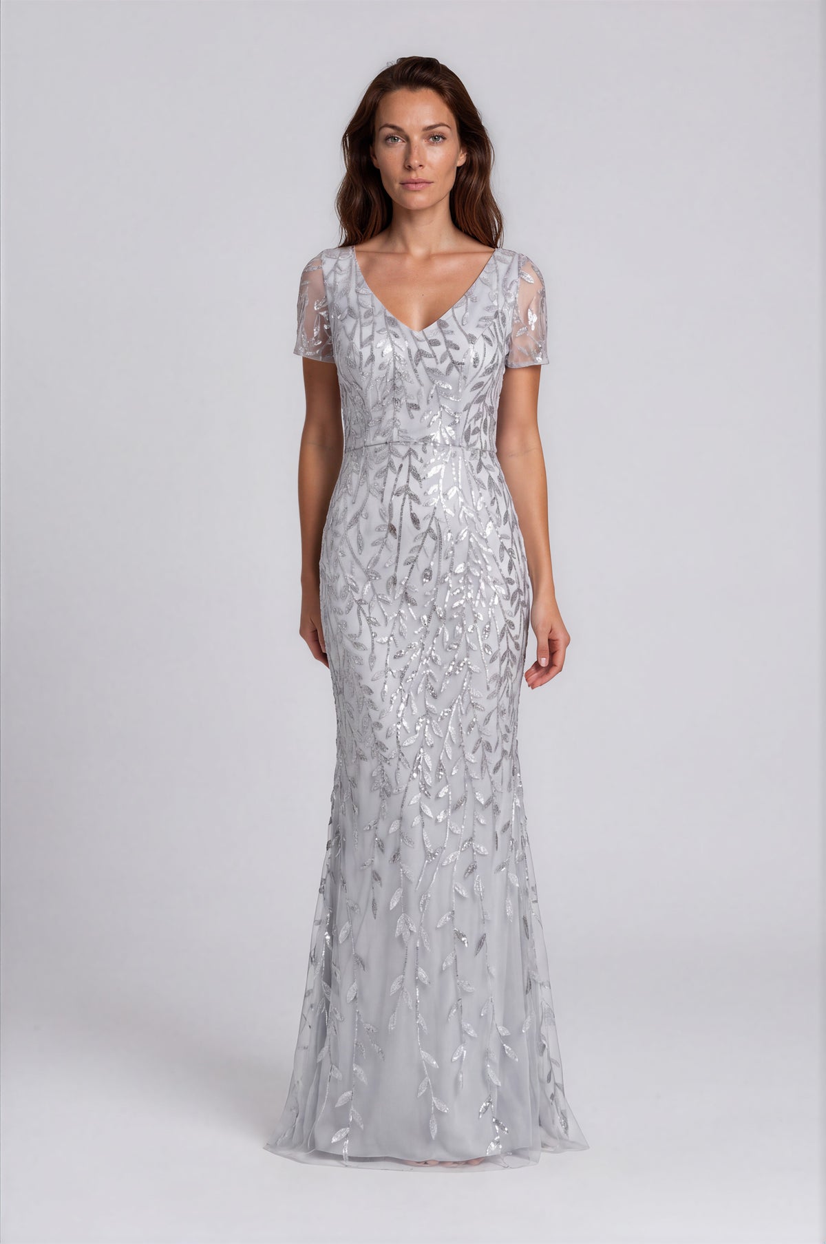 V-Neck Flutter Sleeves Sequin Embroidered Fit And Flare Gown Gown Rene Ruiz Collection