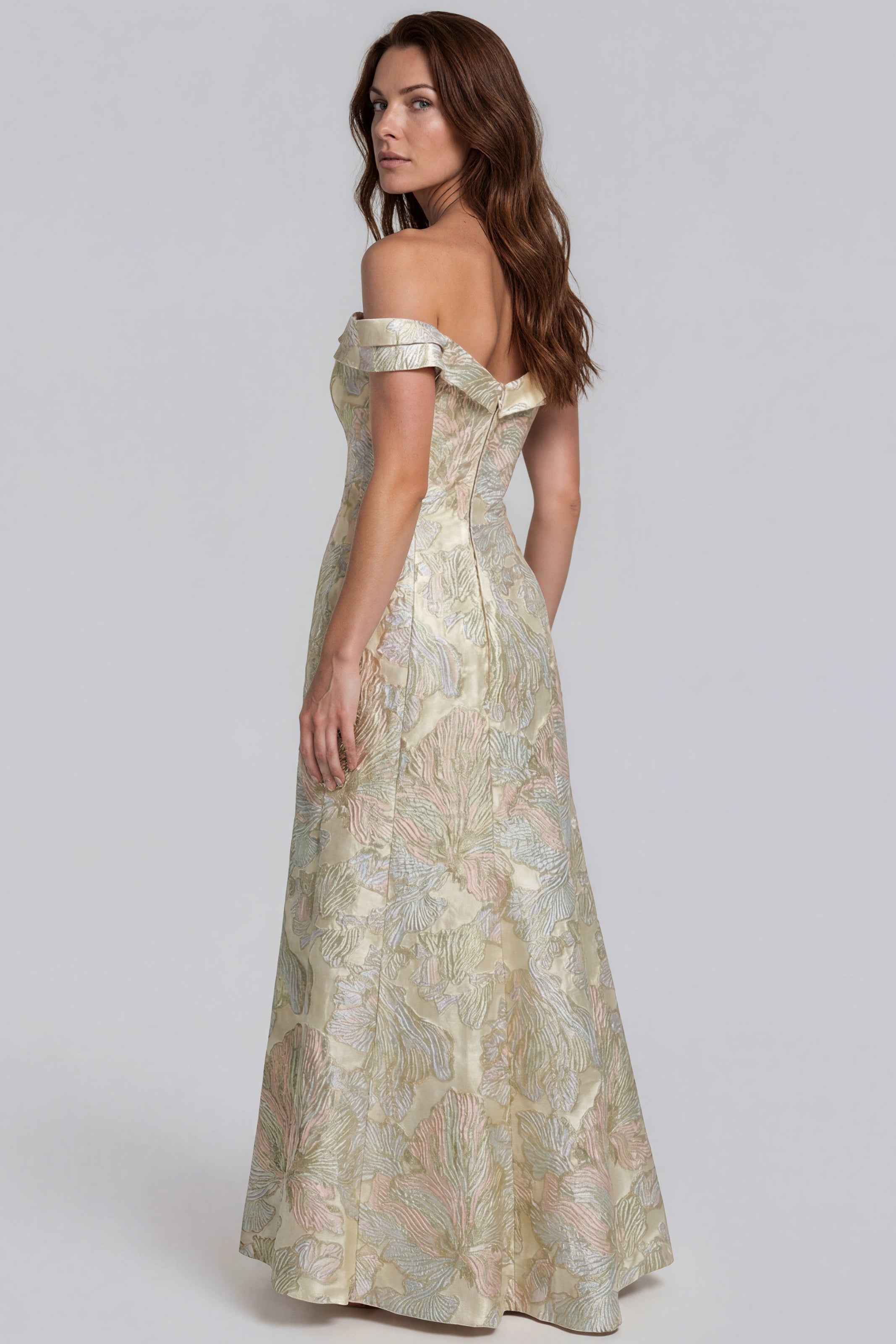 Off The Shoulder Floral Jacquard Gown Gown Rene Ruiz Collection