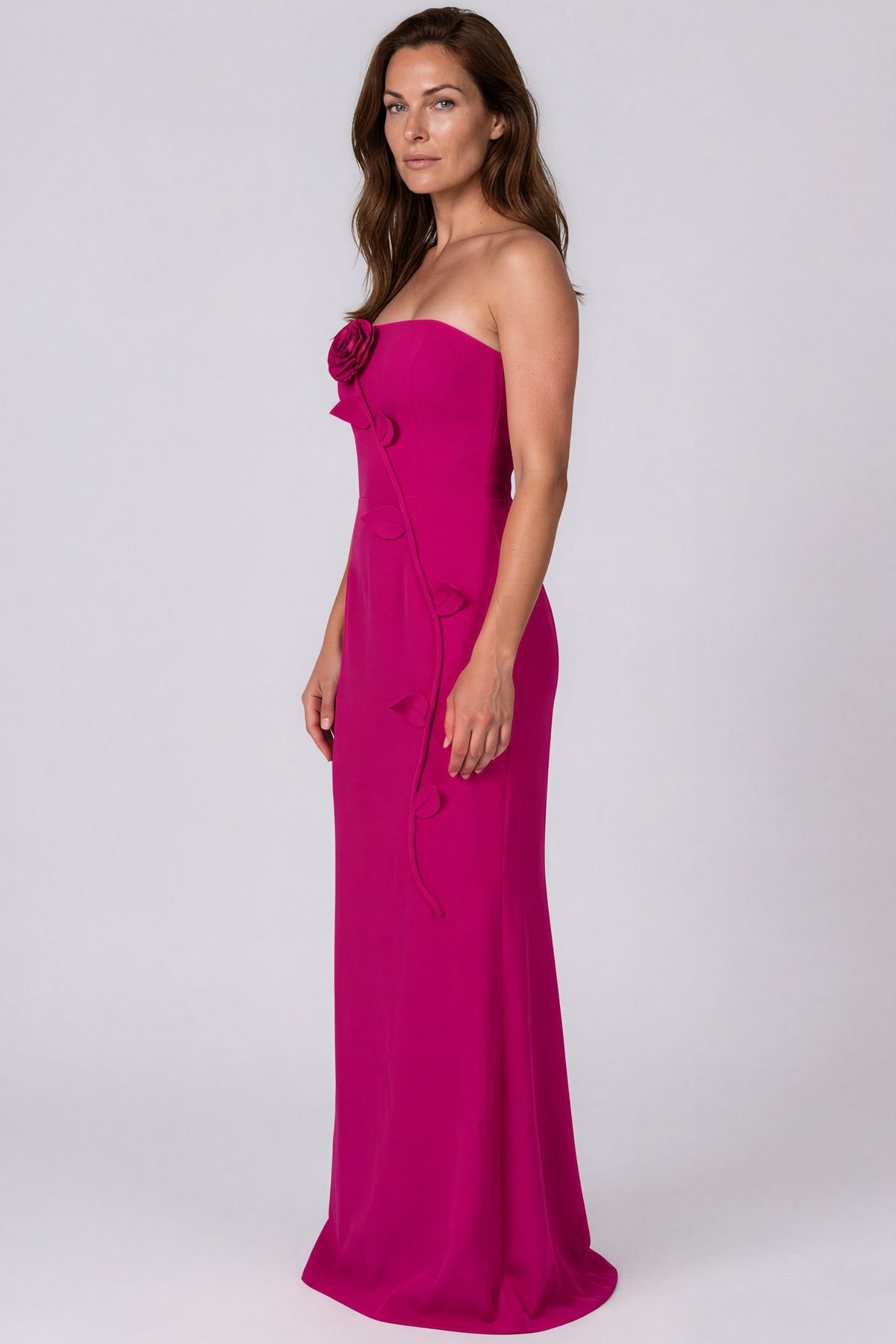 Strapless 3D Rose Appliqué Crepe Fit And Flare Gown Gown Rene Ruiz Collection