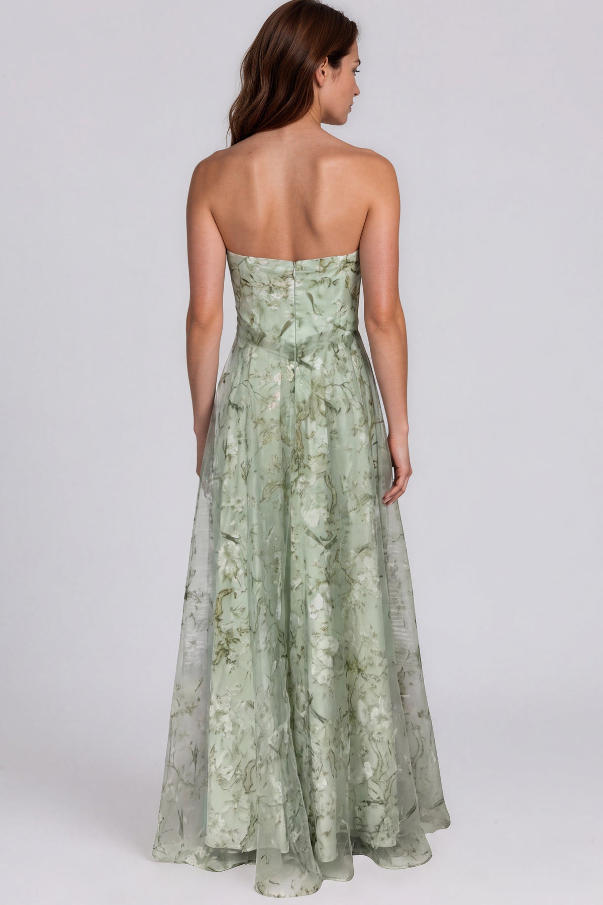 Strapless Draped Bodice Printed Organza A-Line Gown Gown Rene Ruiz Collection