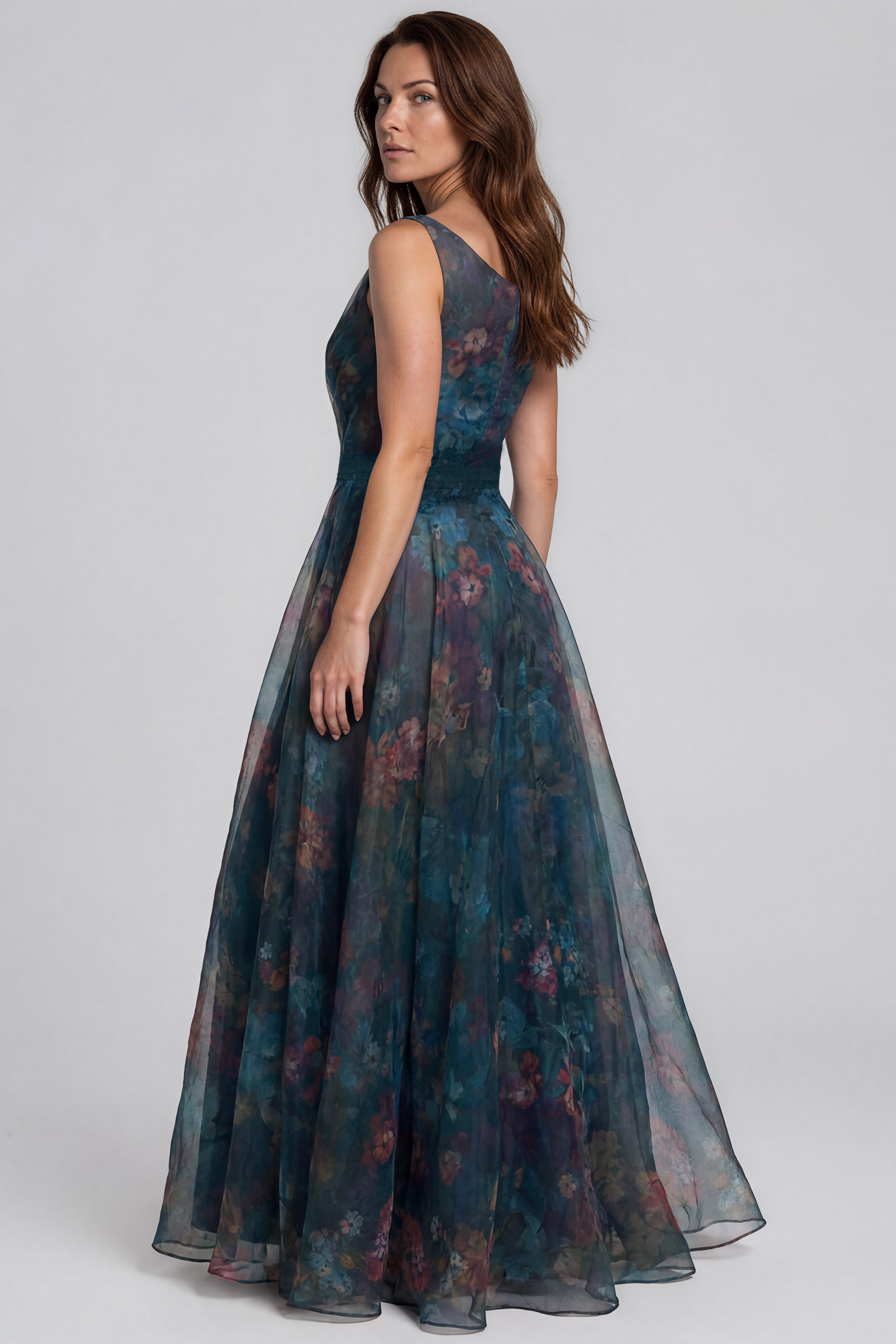V-Neck Floral Printed Organza Waist Tie A-Line Gown Gown Rene Ruiz Collection