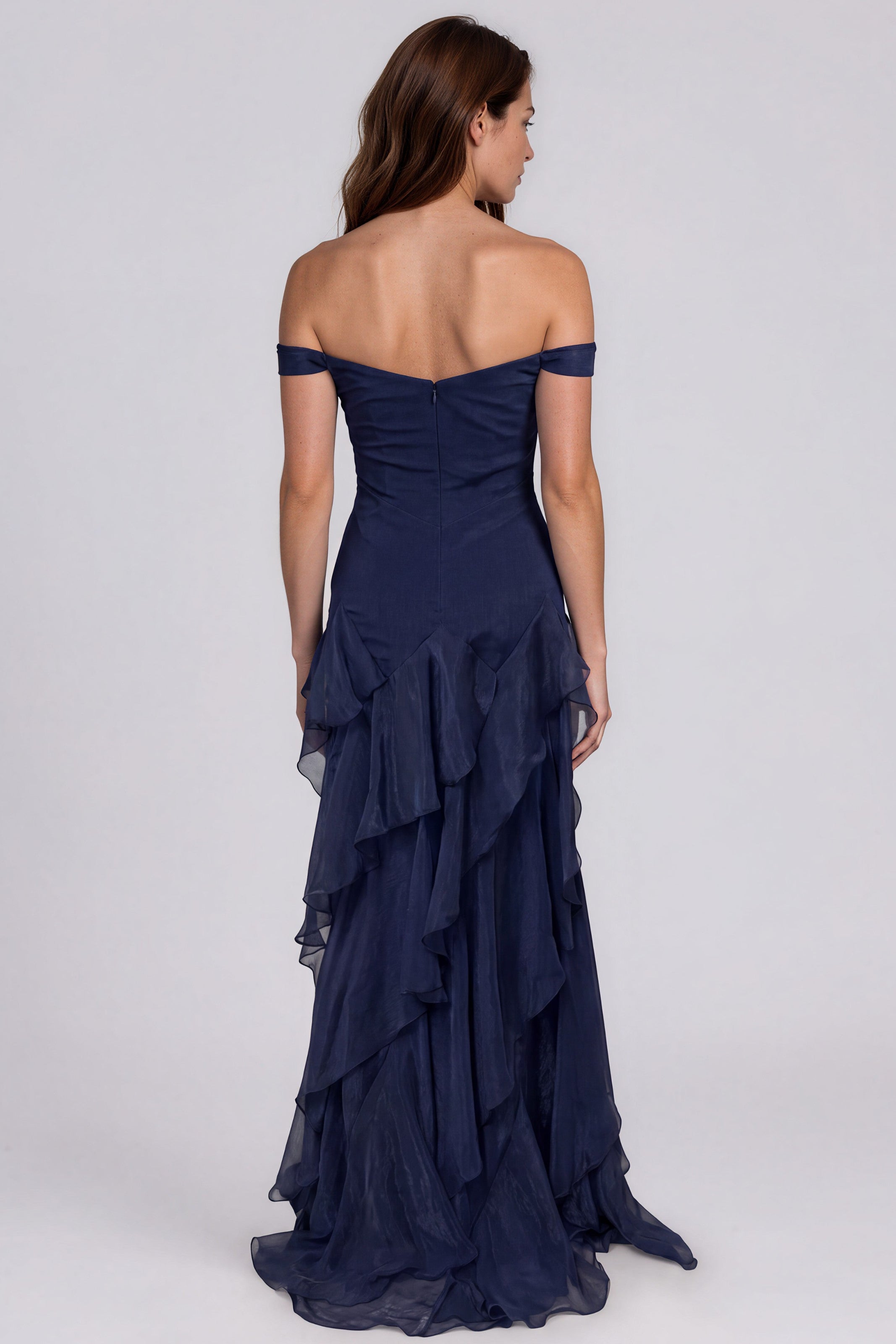 Off The Shoulder Tiered Ruffle Skirt Fit And Flare Chiffon Gown Gown Rene Ruiz Collection
