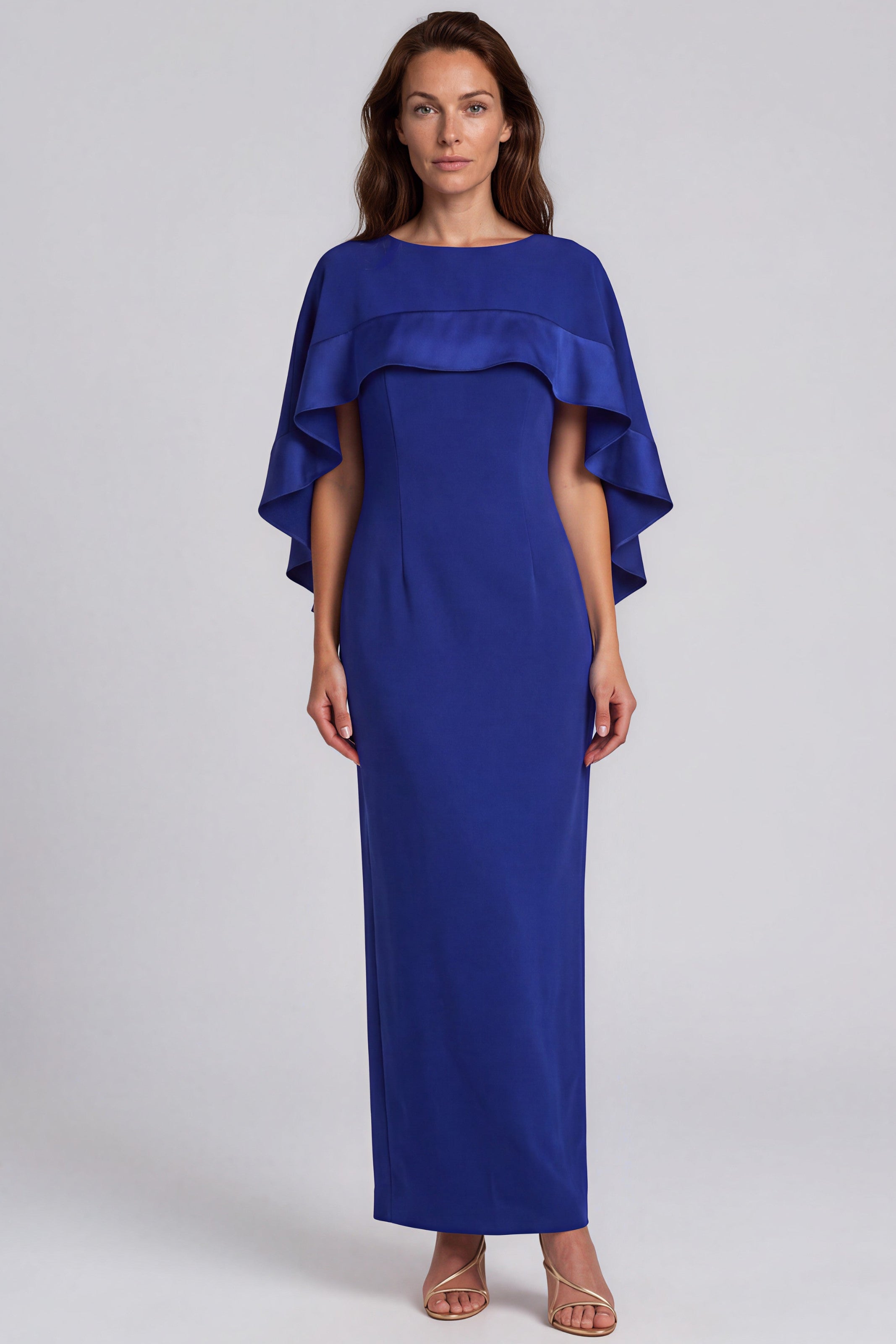 Bateau Neck Column Gown with Chiffon Cape Overlay Gown Rene Ruiz Collection