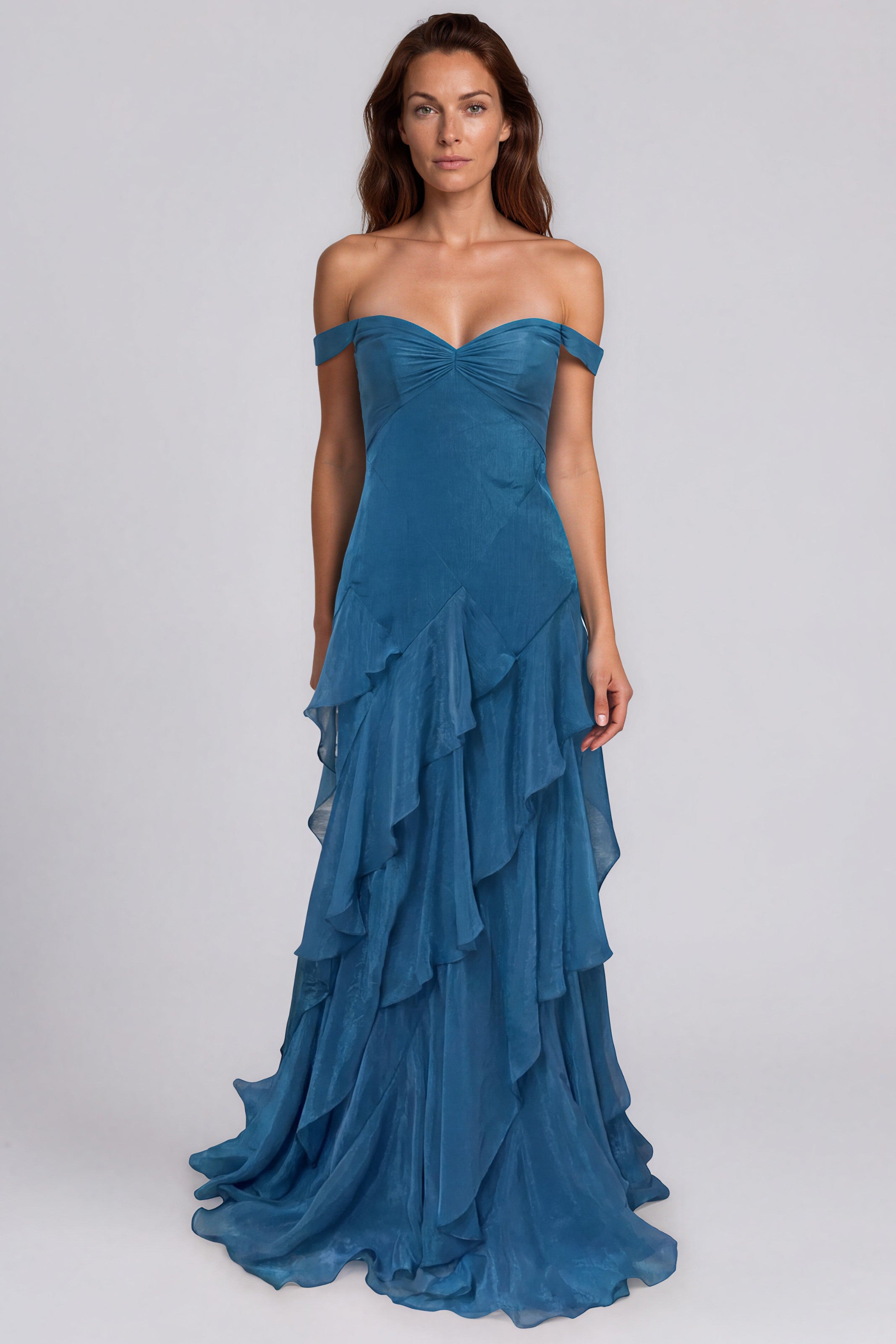 Off The Shoulder Tiered Ruffle Skirt Fit And Flare Chiffon Gown Gown Rene Ruiz Collection