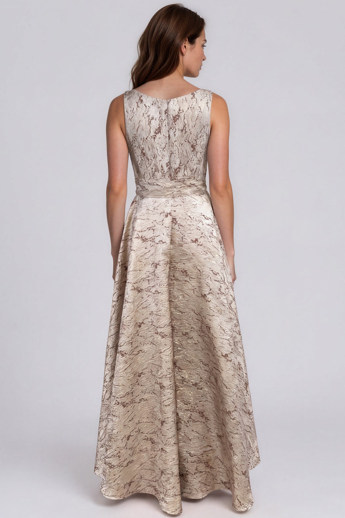 V-Neck Metallic Jacquard Waist Tie A-Line Gown Gown Rene Ruiz Collection