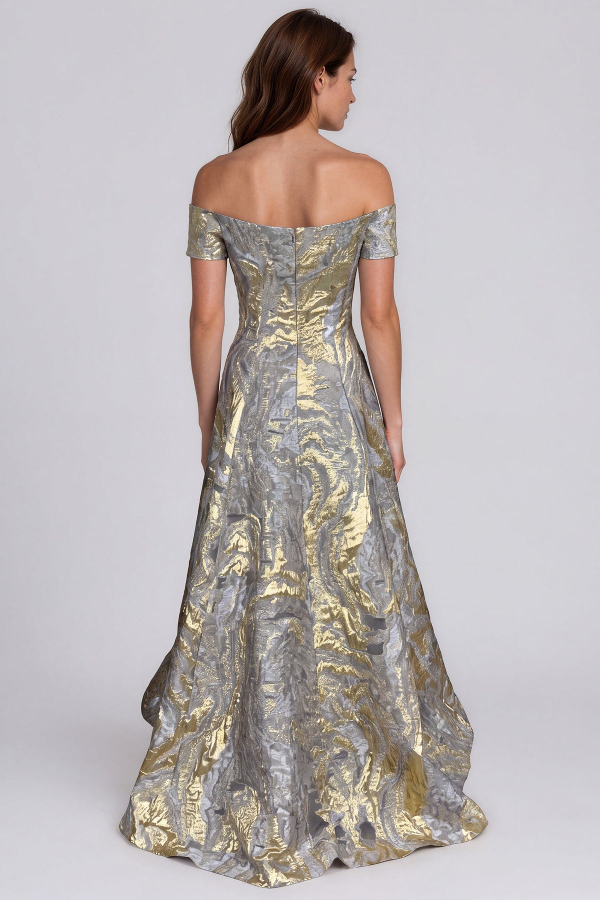 Off The Shoulder Metallic Brocade A-Line Gown Gown Rene Ruiz Collection