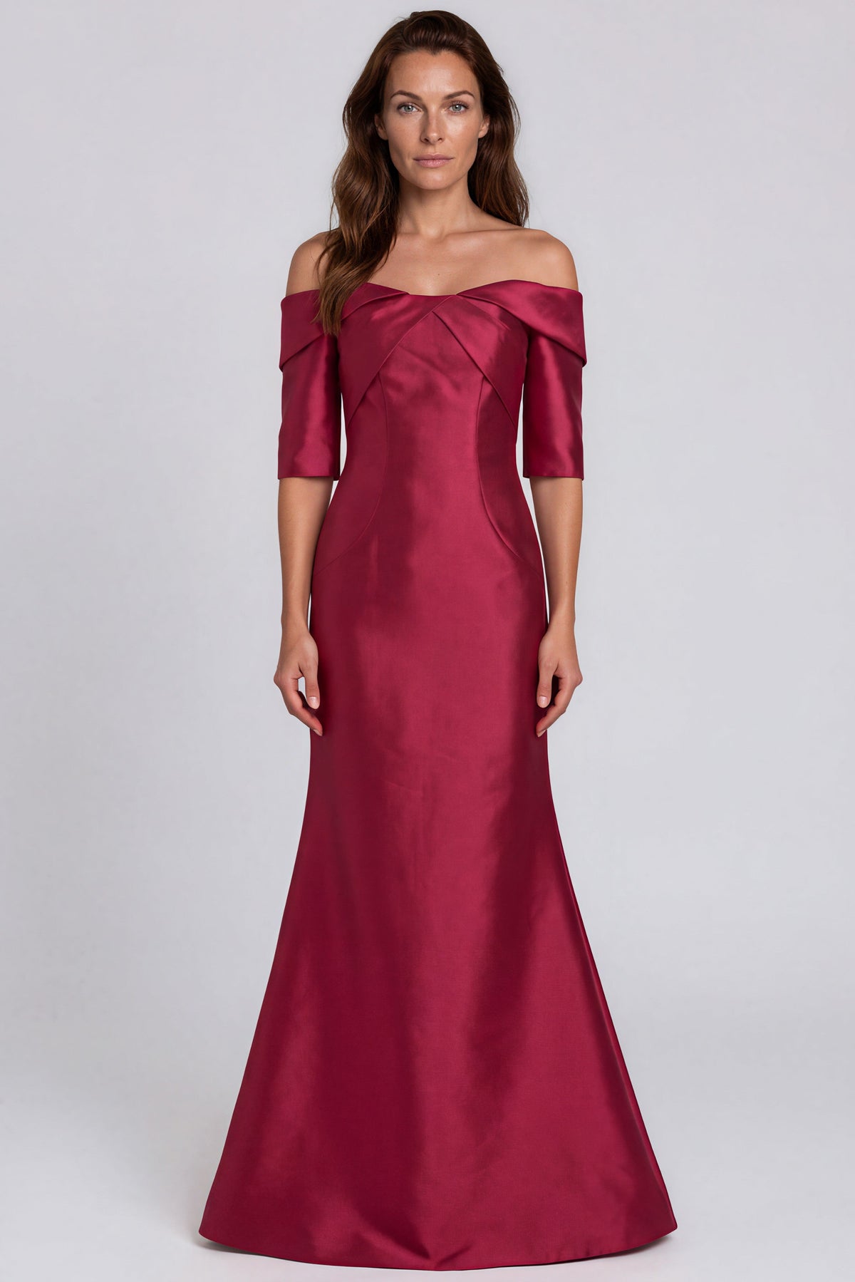 Off The Shoulder 3/4 Sleeves Mikado Fit and Flare Gown Gown Rene Ruiz Collection